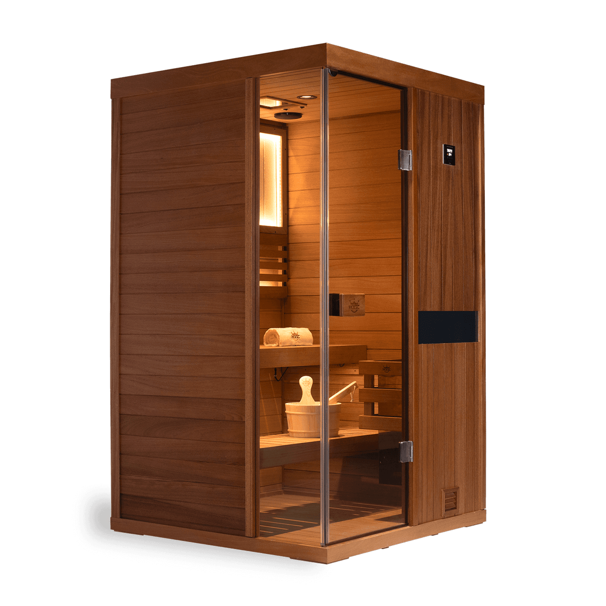 Solid mahogany indoor steam sauna for two adults, traditional steam design with negative ions and 660nm red light wellness treatment