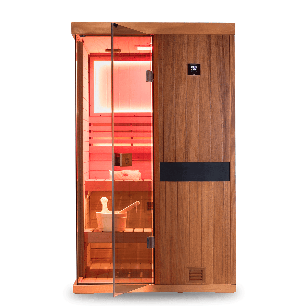 Solid mahogany indoor steam sauna for two adults, traditional steam design with negative ions and 660nm red light wellness treatment