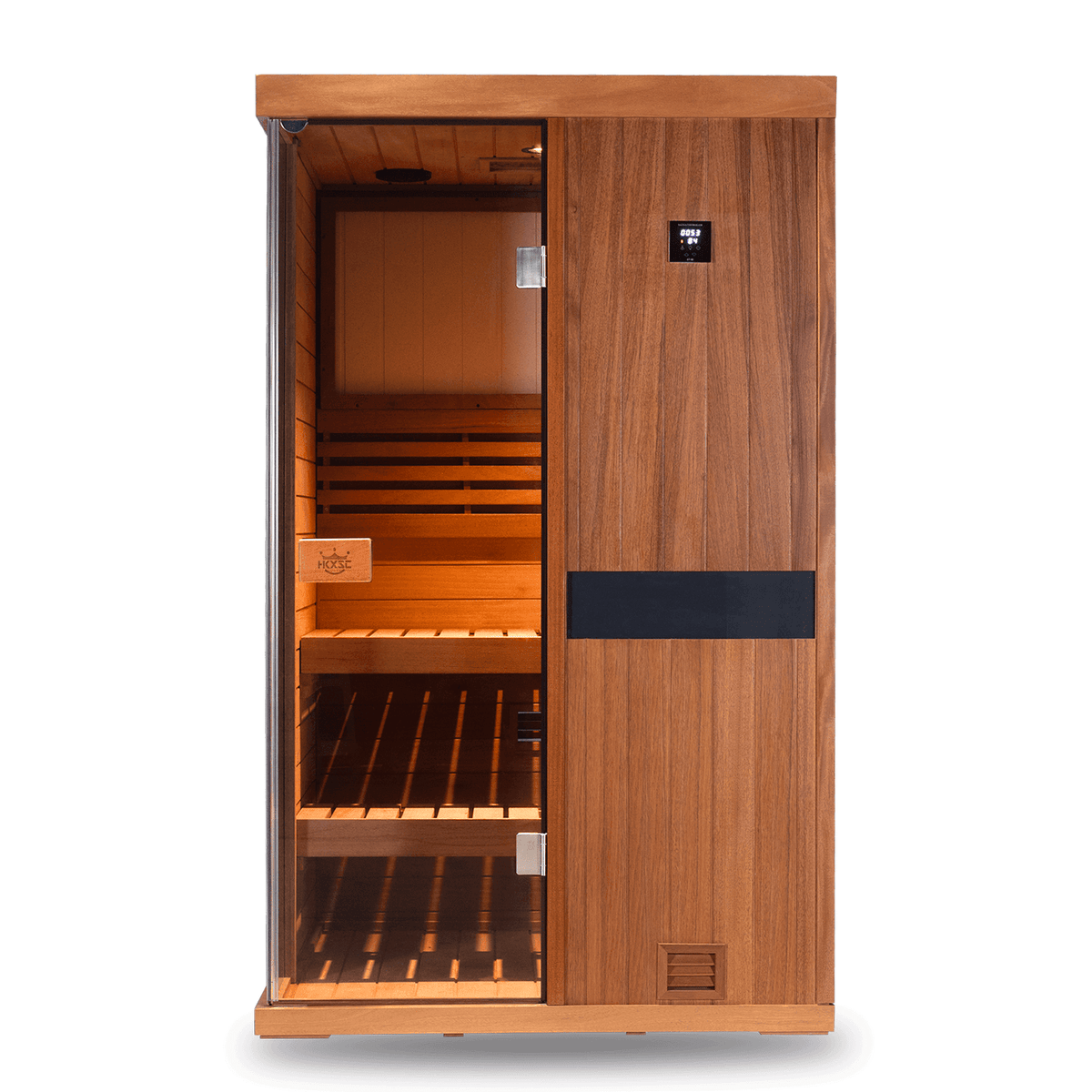 Upgraded two-person indoor mahogany traditional steam sauna equipped with negative ion and 660nm red light therapy panels for home spa relaxation
