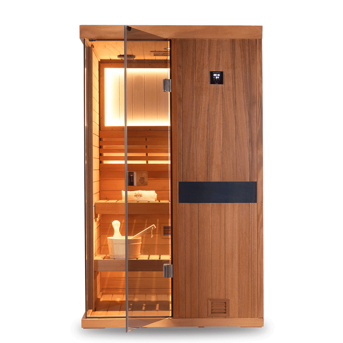 Upgraded 2-person home steam sauna made of solid mahogany wood, built-in negative ion system and 660nm red light therapy panel for indoor relaxation