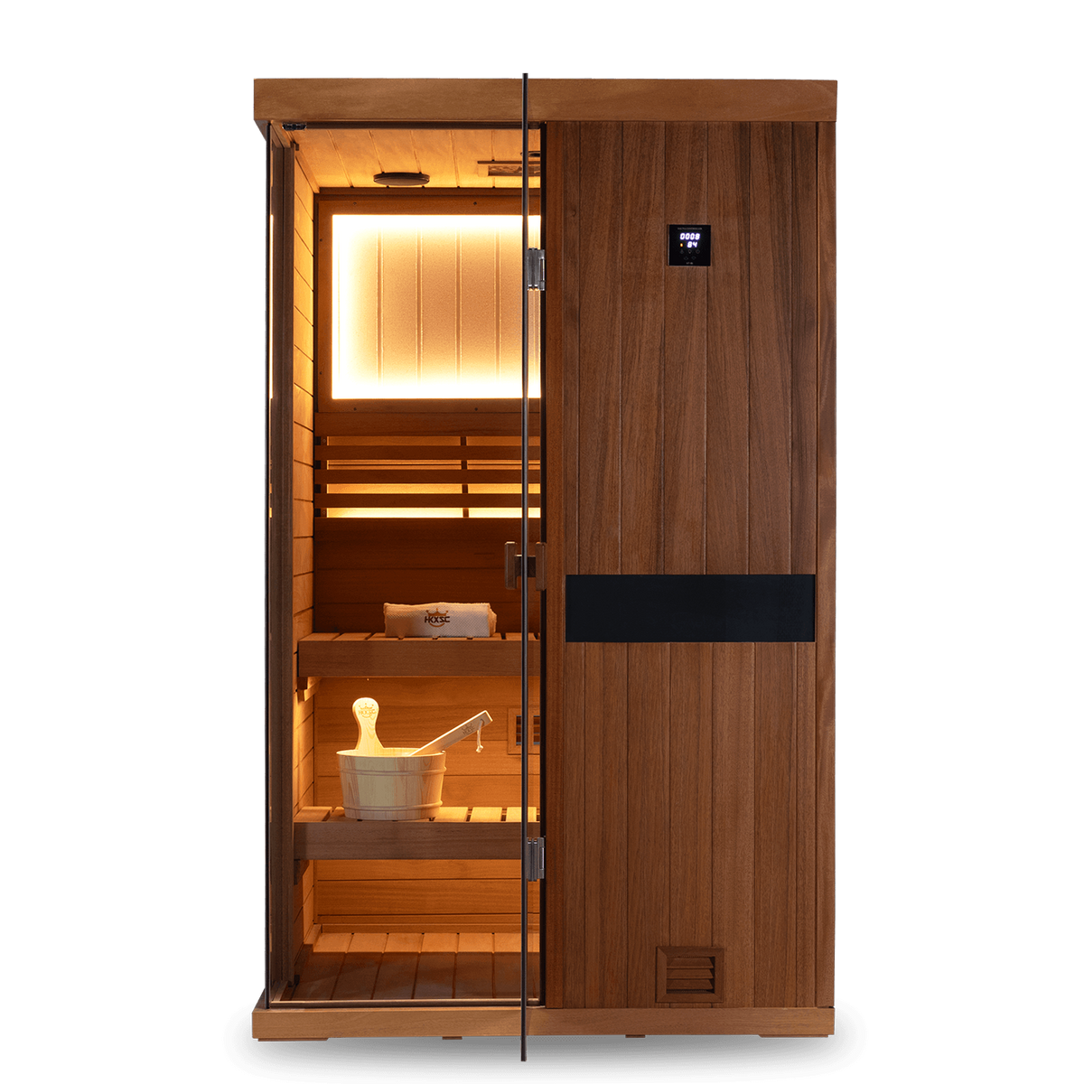 Home wellness 2 person mahogany steam sauna cabin, indoor traditional steam design, built-in 660nm red light treatment and negative ion air purification