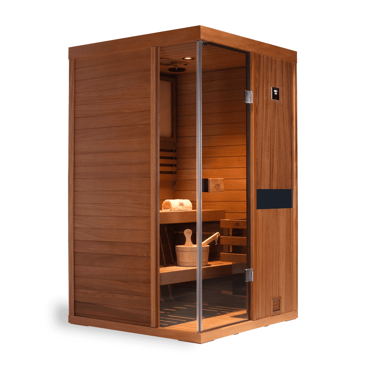 Negative ion control panel inside upgraded 2-person mahogany traditional steam sauna with 660nm red light therapy