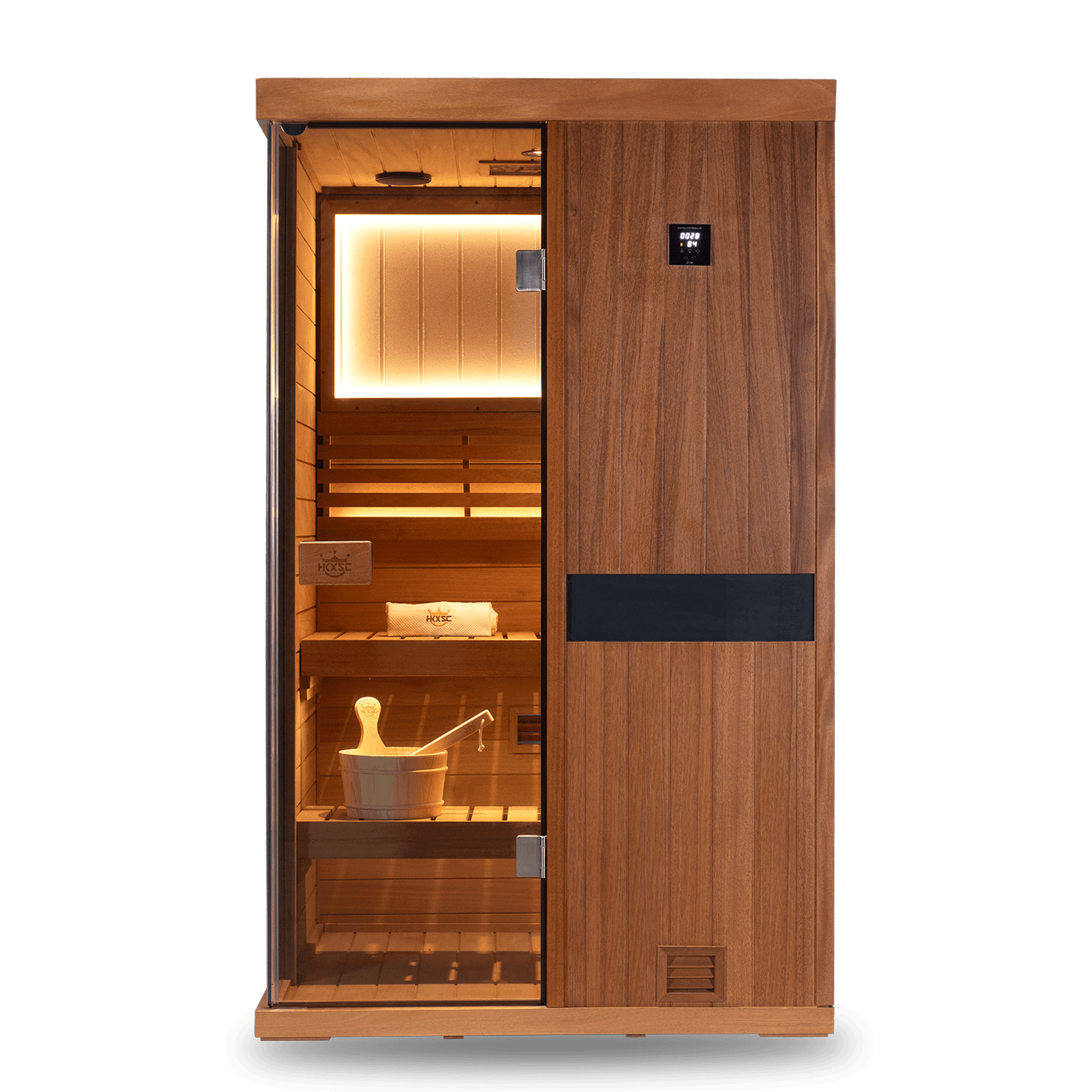 Luxury home steam spa cabin for two adults, mahogany construction, upgraded negative ion and 660nm red light therapy steam sauna