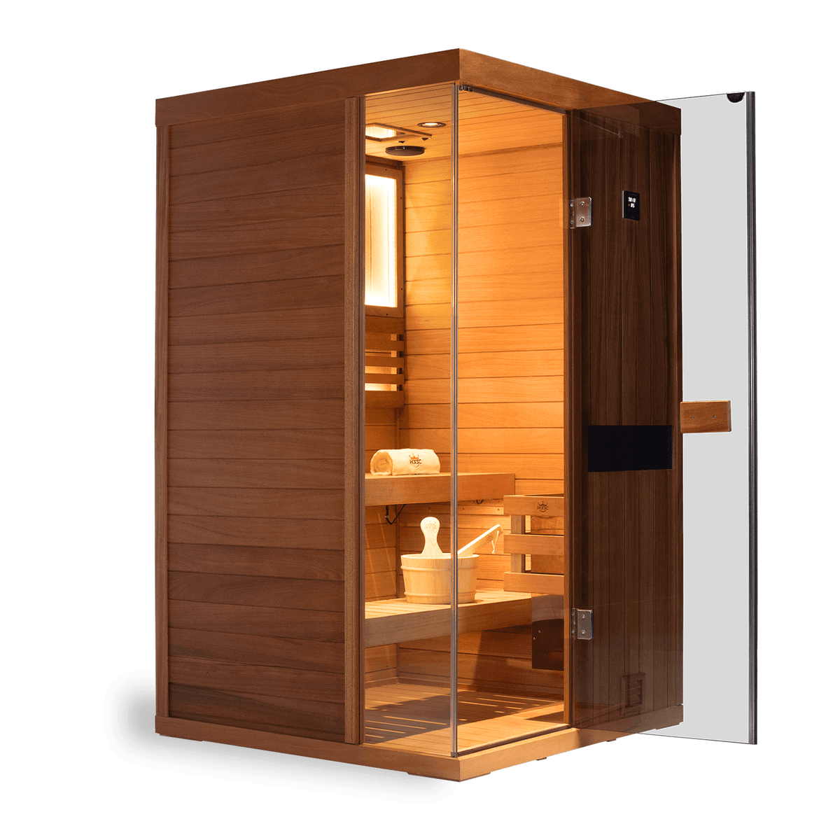 Luxury home steam spa cabin for two adults, mahogany construction, upgraded negative ion and 660nm red light therapy steam sauna