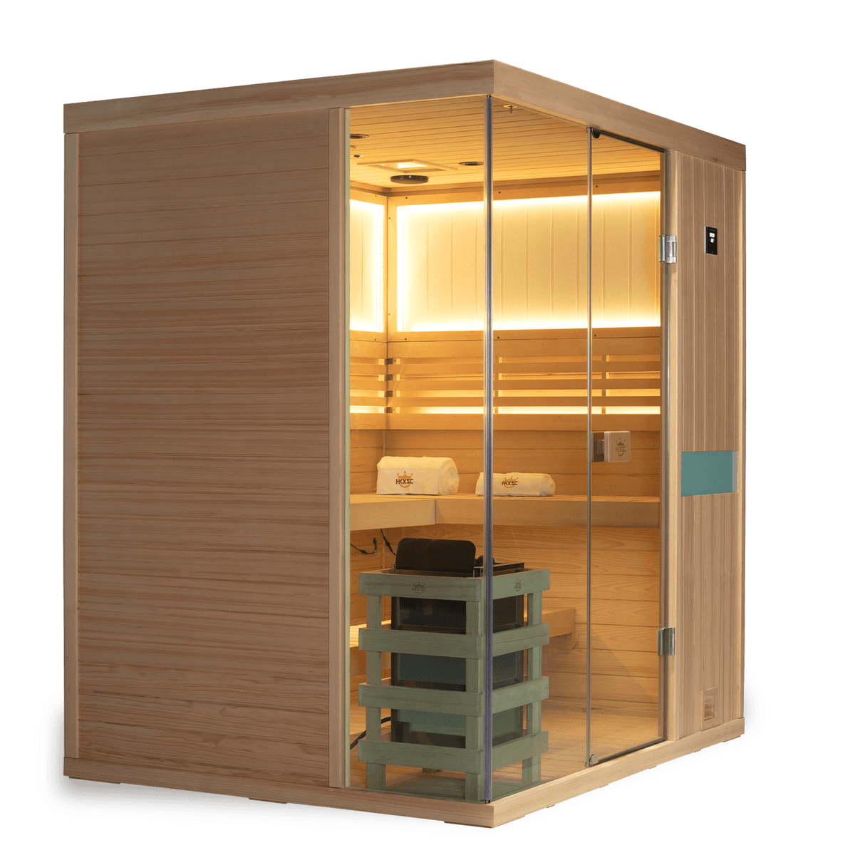 4 Person hemlock traditional steam sauna placed in home basement, equipped with negative ion generator and 660nm red light panels