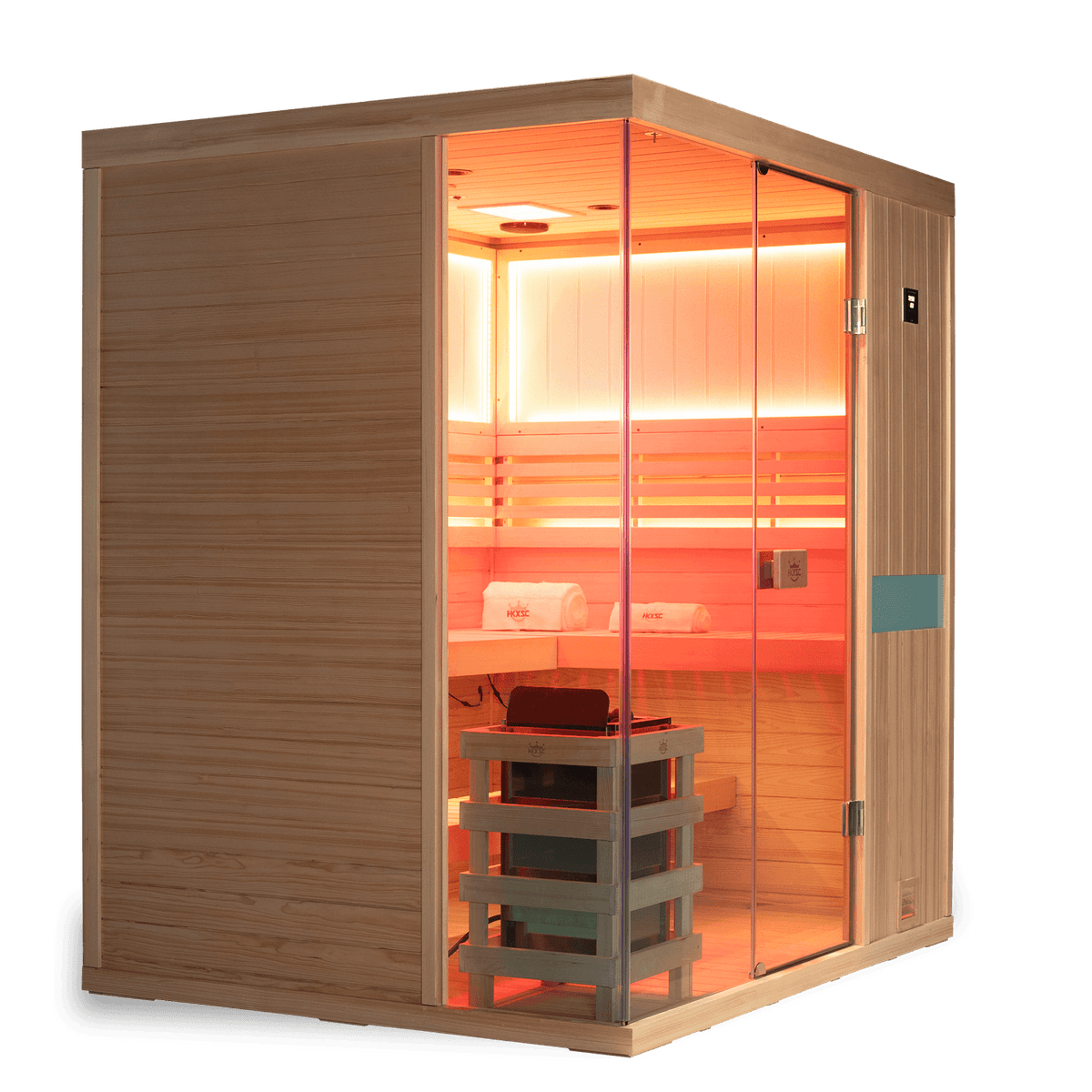 4 Person indoor hemlock steam sauna, traditional steam heating system, upgraded wellness features: negative ions and 660nm red light