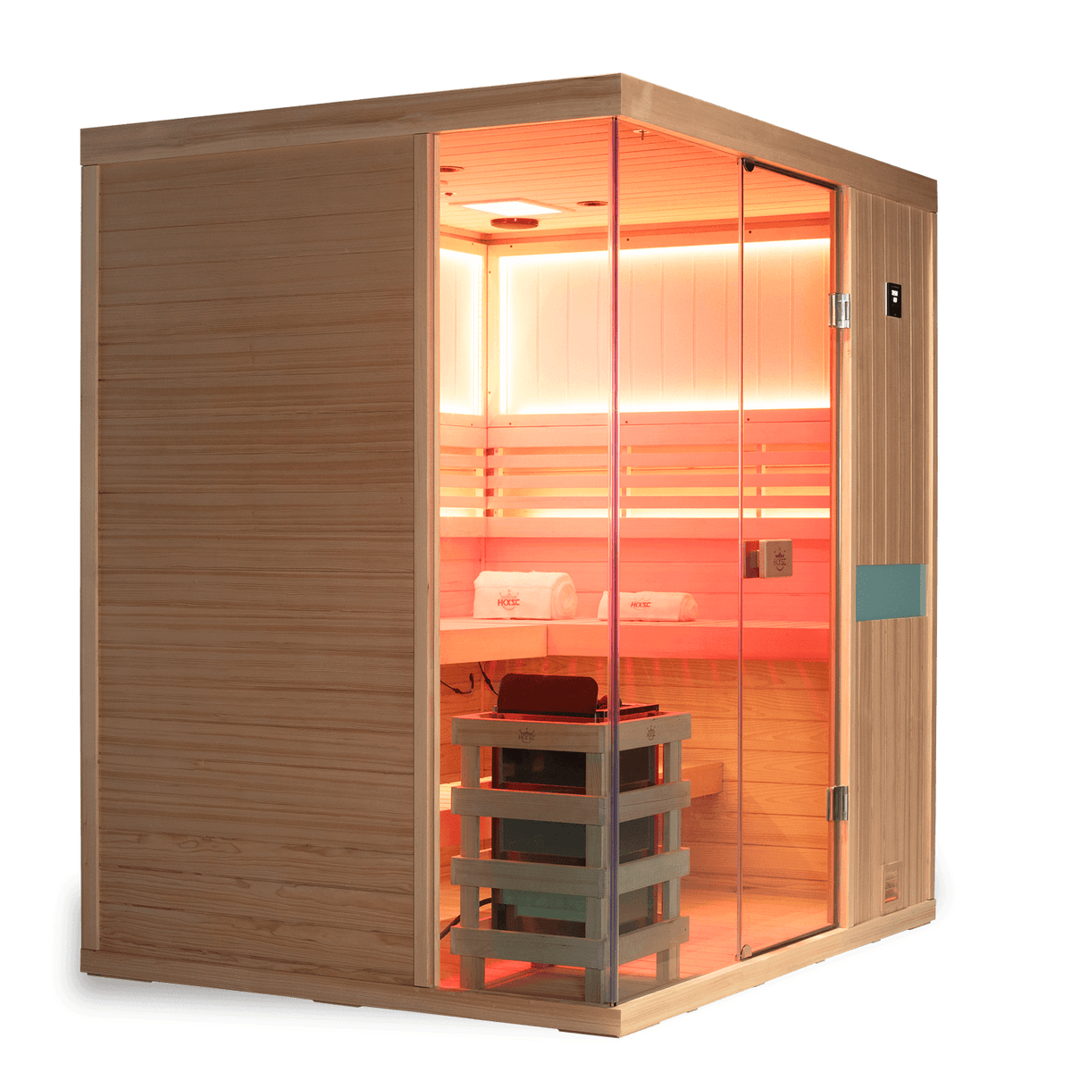 4 Person indoor hemlock steam sauna, traditional steam heating system, upgraded wellness features: negative ions and 660nm red light