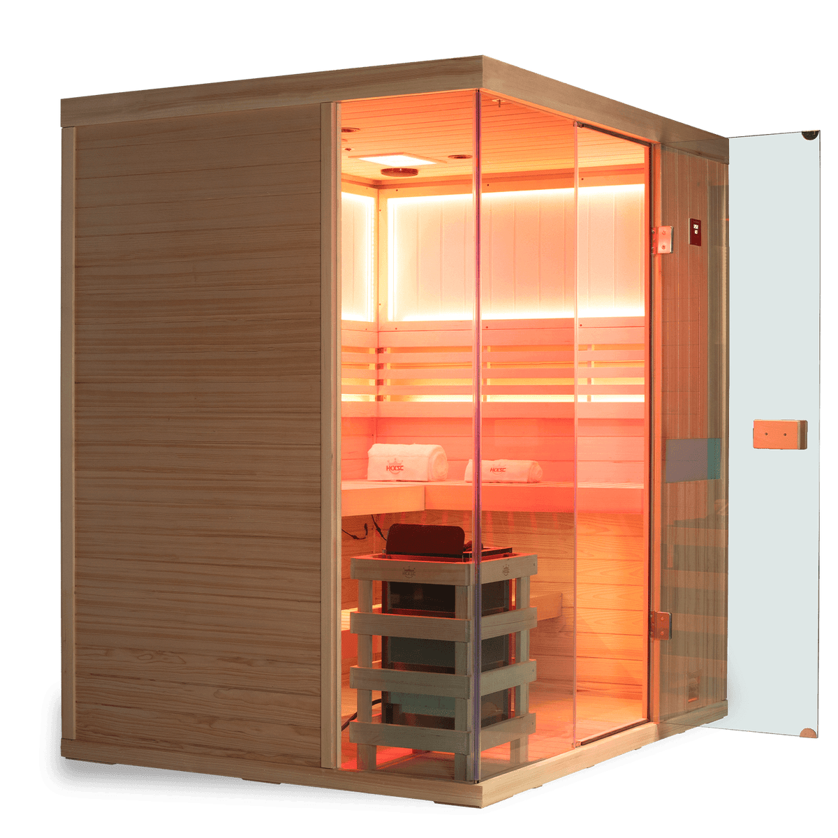 Side profile of 4 person hemlock indoor steam sauna, complete negative ion and 660nm red light therapy panels