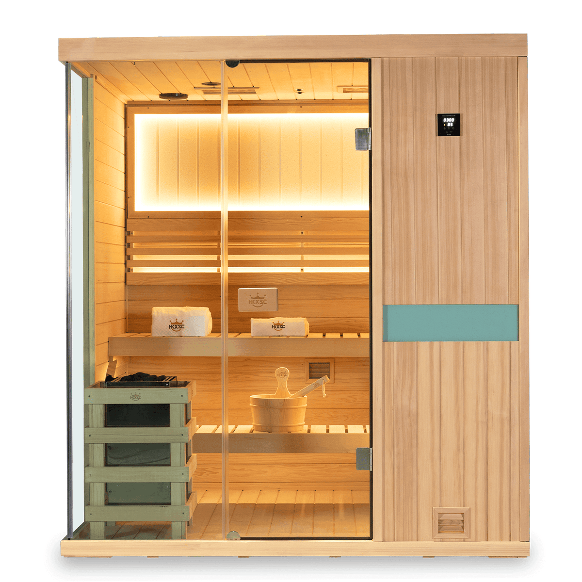 Home traditional steam sauna for 4 users, natural hemlock construction, upgraded version with negative ions and 660nm red light therapy