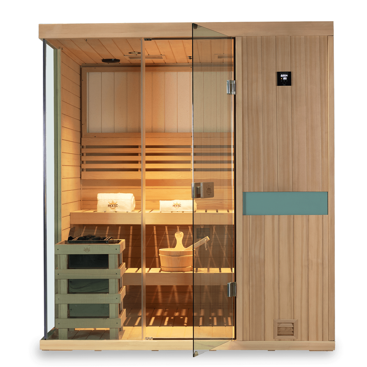 Living room setup of 4-person hemlock traditional steam sauna, upgraded wellness system including negative ions