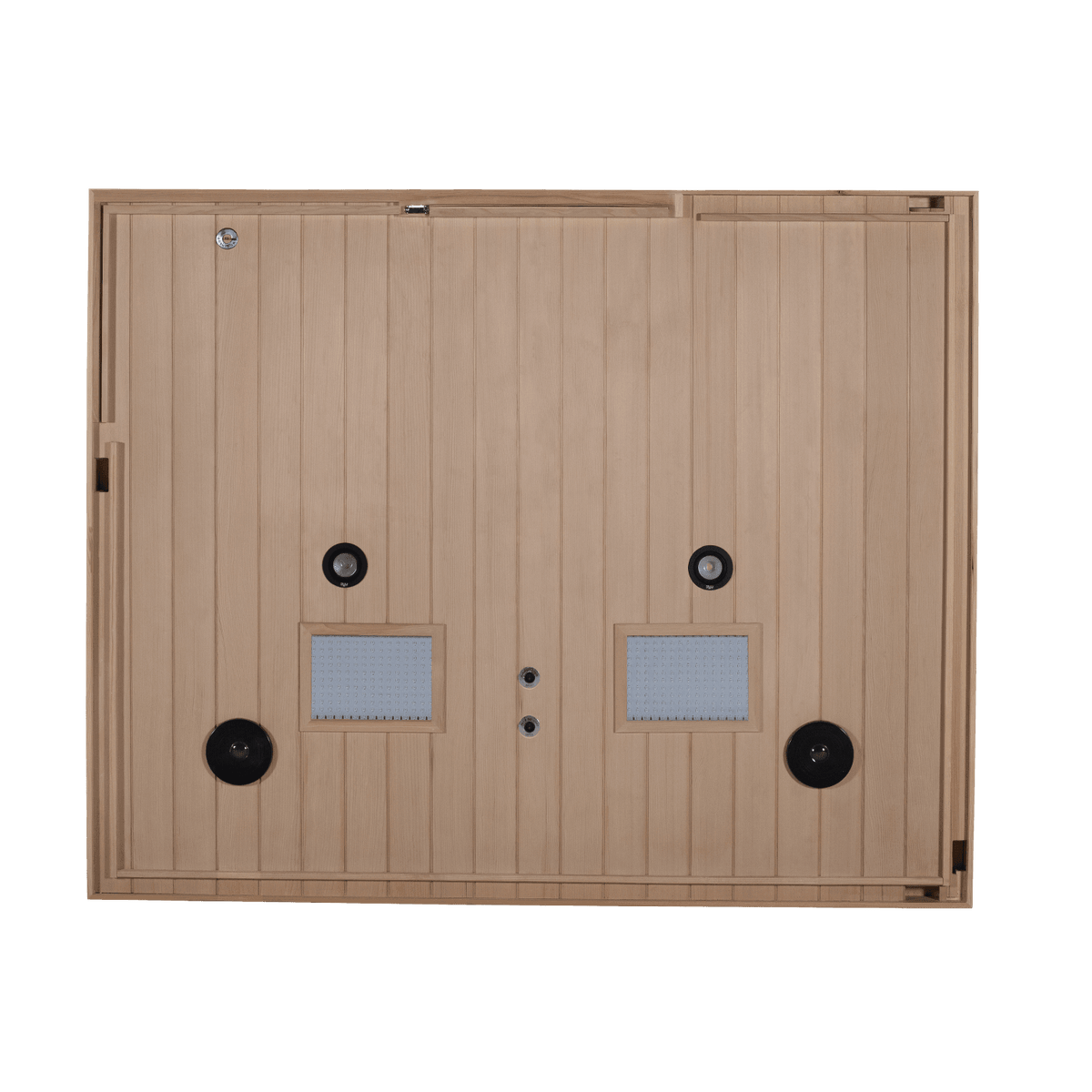 Relaxing interior of 4-person hemlock home steam sauna, 660nm red light on, negative ion working for detox and relaxation