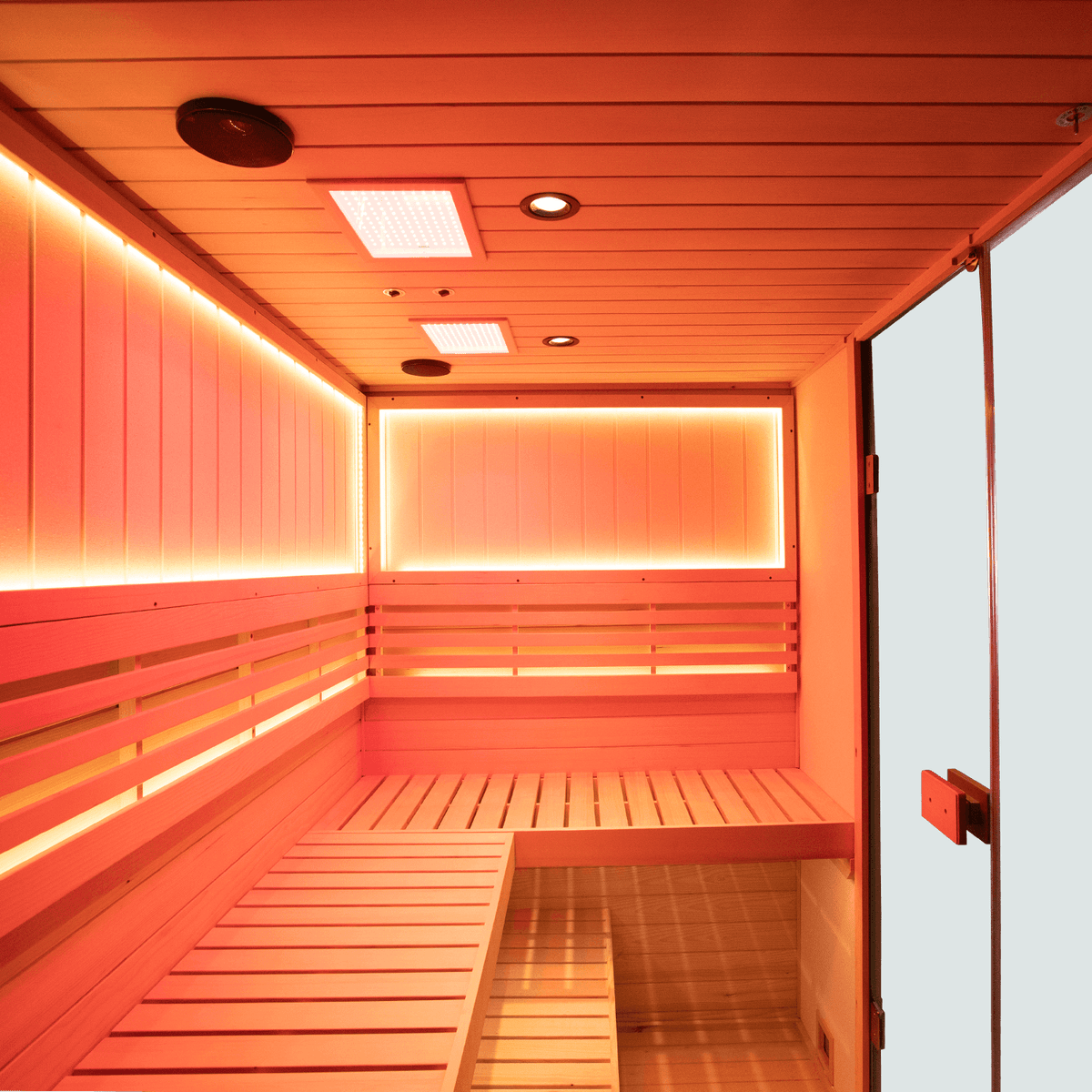 Solid hemlock wood indoor steam sauna cabin for four adults, built-in negative ion system and 660nm red light wellness panels
