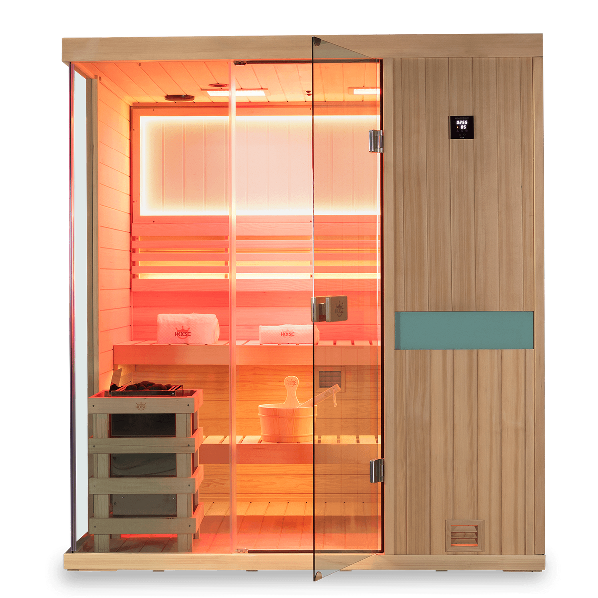 Spacious interior of upgraded hemlock 4-person steam sauna, ideal for family use with 660nm red light and negative ions