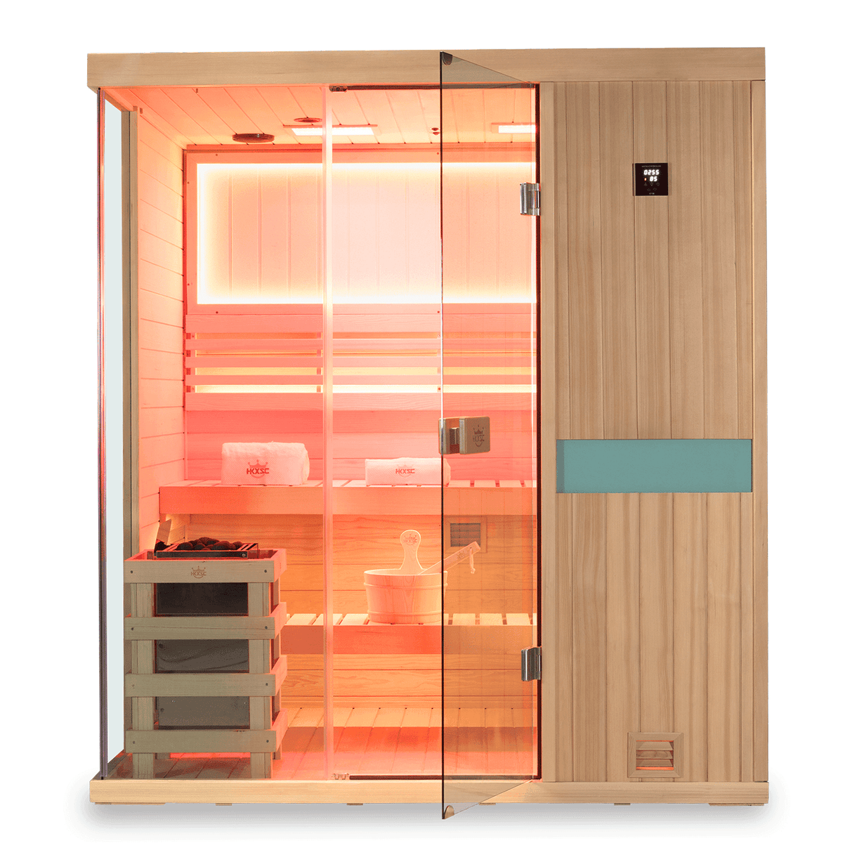 Spacious interior of upgraded hemlock 4-person steam sauna, ideal for family use with 660nm red light and negative ions