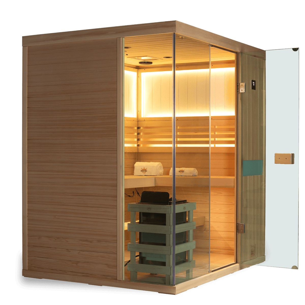 Upgraded Canadian hemlock steam sauna cabin for four adults, indoor traditional steam with 660nm red light therapy