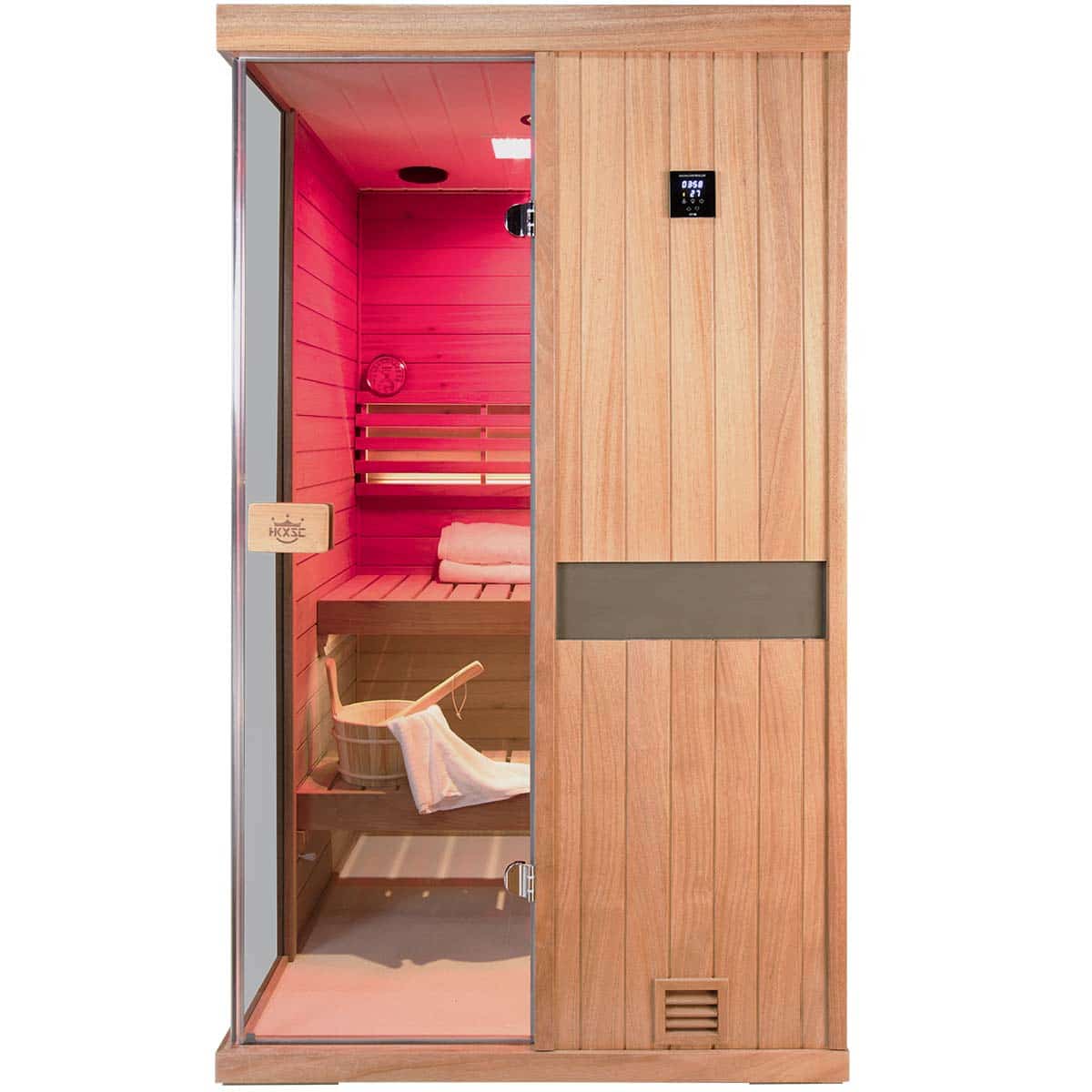 Indoor two person mahogany sauna front display, quality door handle, all accessories included
