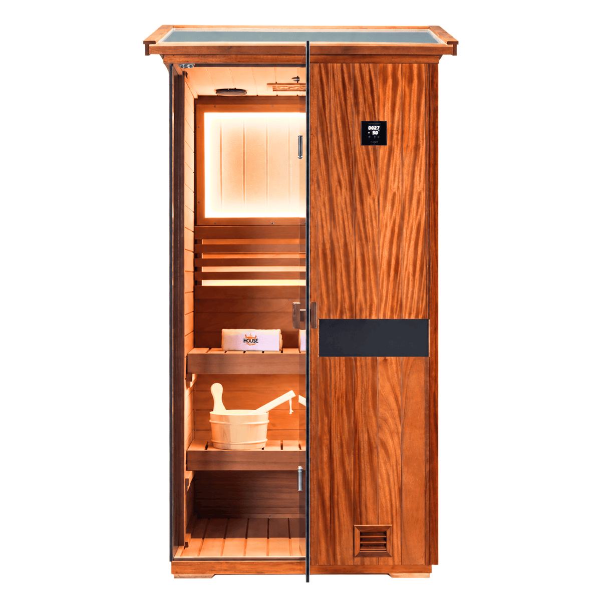 HKXSC 701VT outdoor African Mahogany sauna with V-roof weatherproof drainage system
