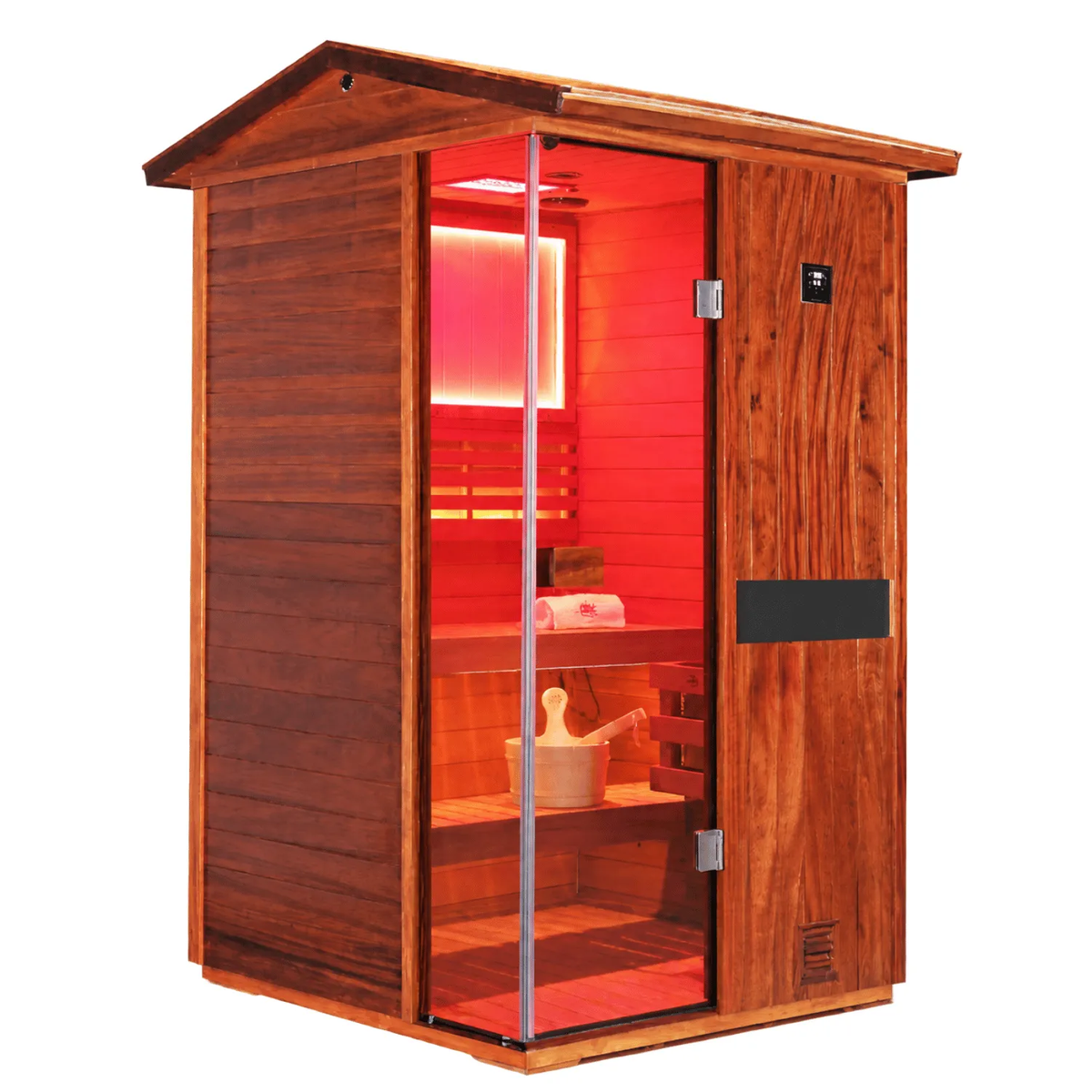 HKXSC 702VT 2-person outdoor African Mahogany sauna with V-roof weatherproof drainage