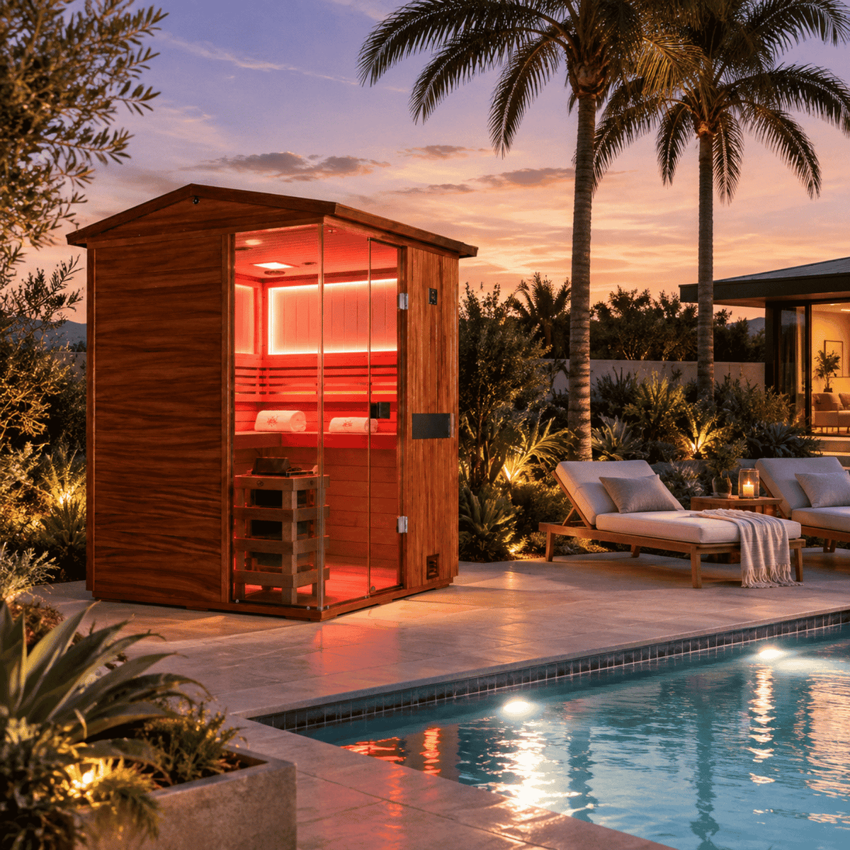HKXSC 704VT 4-person outdoor African Mahogany sauna with oil-wax finish and V-roof weatherproof construction