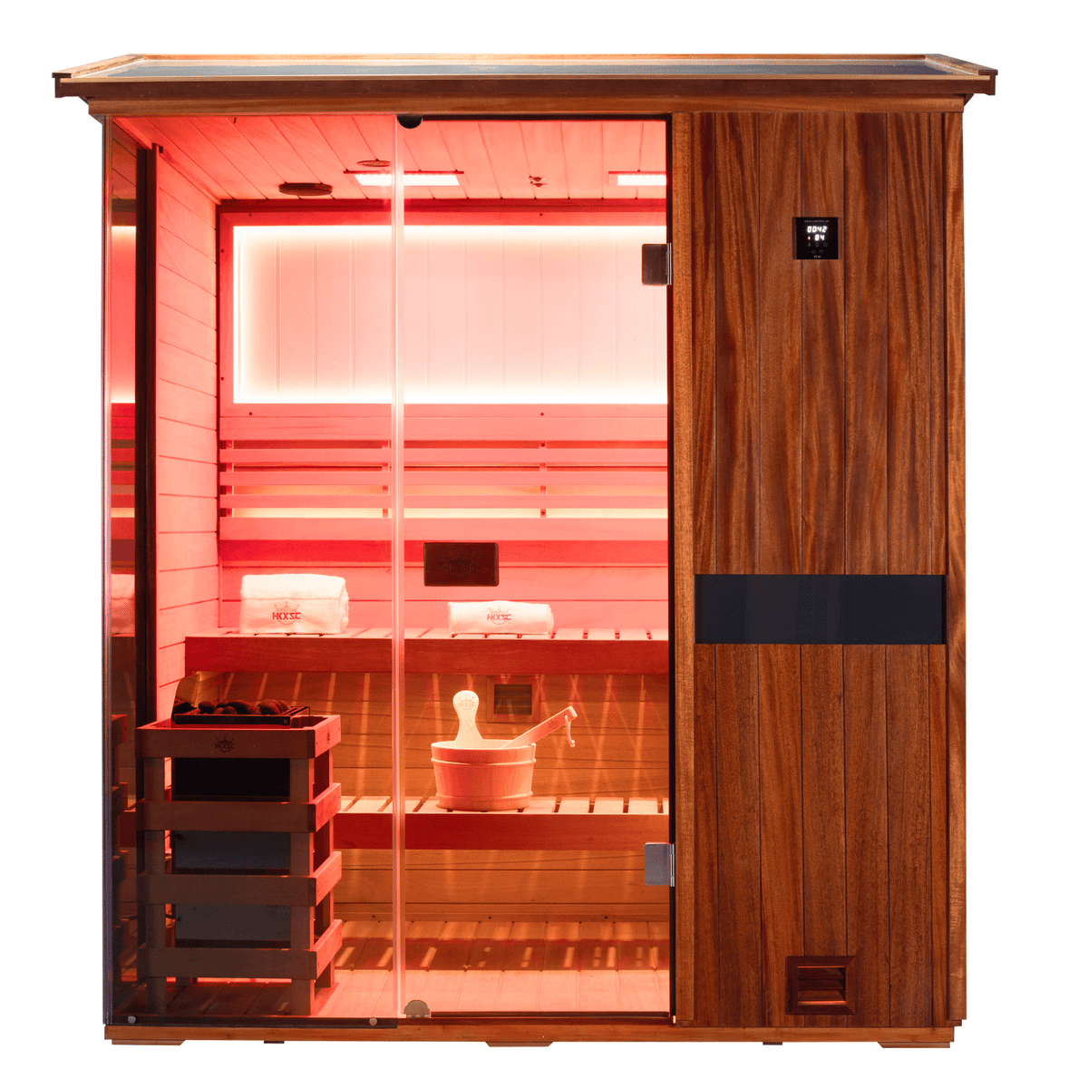 HKXSC 704VT outdoor sauna with 660nm red light therapy for deep muscle and skin recovery