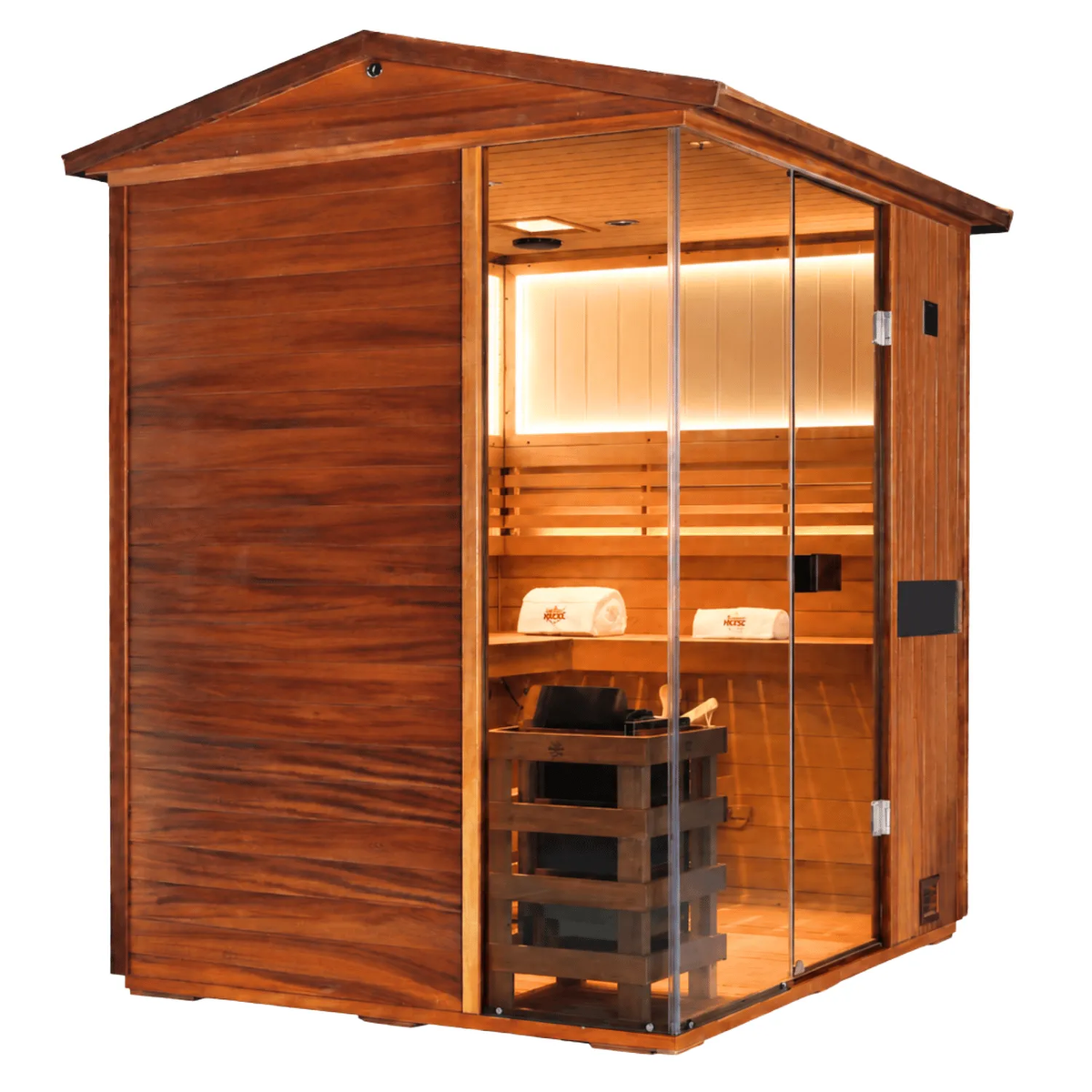 HKXSC 704VT outdoor mahogany sauna V-roof structure showcasing weather-resistant drainage