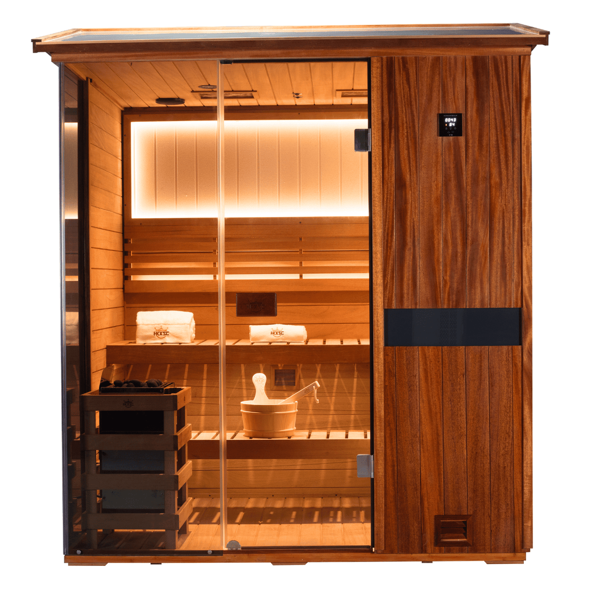 HKXSC 704VT spacious 4-person outdoor sauna designed for group relaxation and wellness