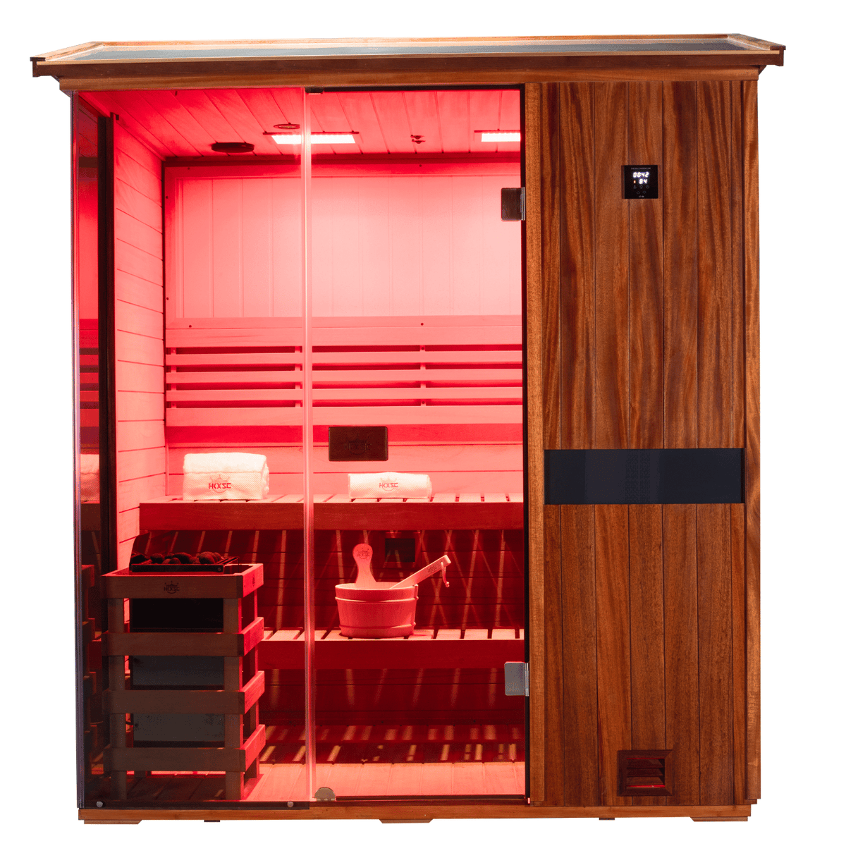 HKXSC 704VT 4-person outdoor steam sauna for family use in backyard spa environment