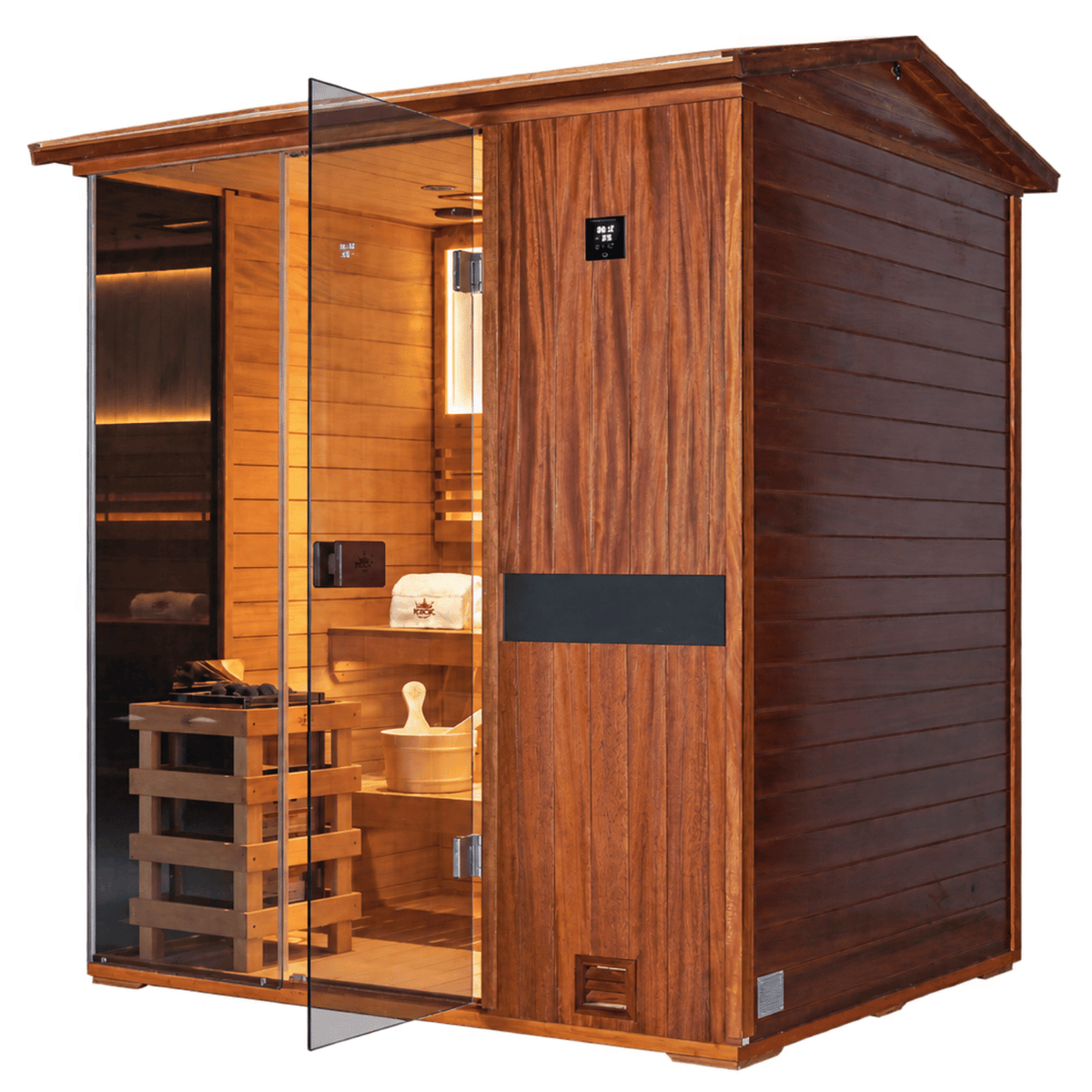 HKXSC 704VT outdoor 4-person mahogany sauna with V-roof designed for all-weather use