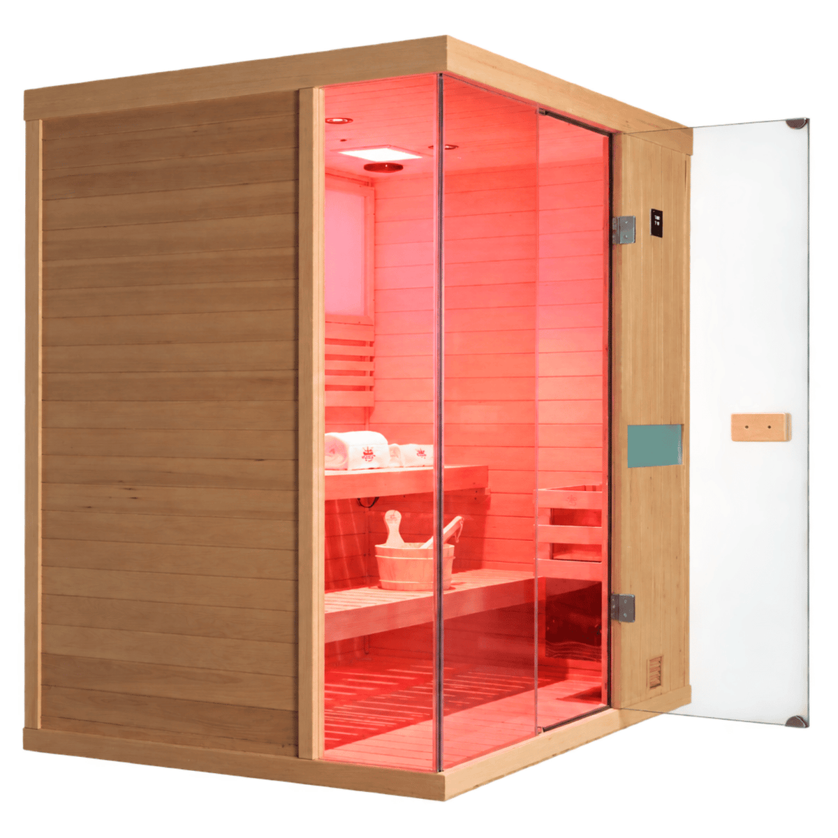 HKXSC 703SH Calm indoor sauna with water-based clear finish Canadian Hemlock