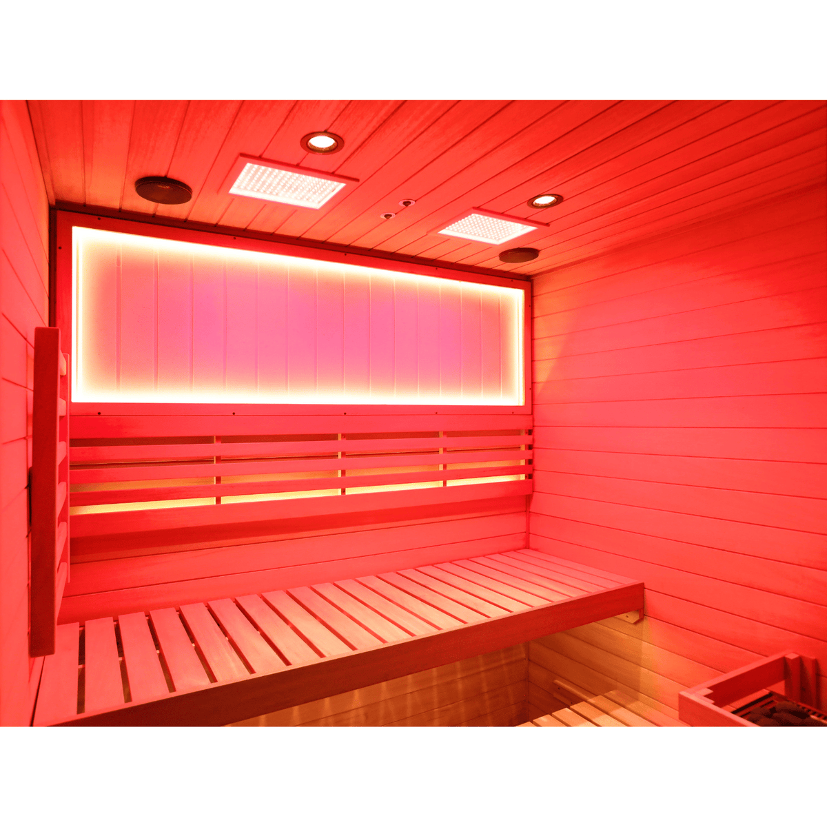 HKXSC 703SH indoor sauna interior showing negative ion panel and Hemlock wood wall detail