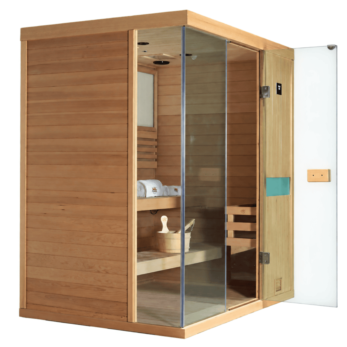 HKXSC 703SH indoor Hemlock sauna interior with tiered benches and negative ion panel