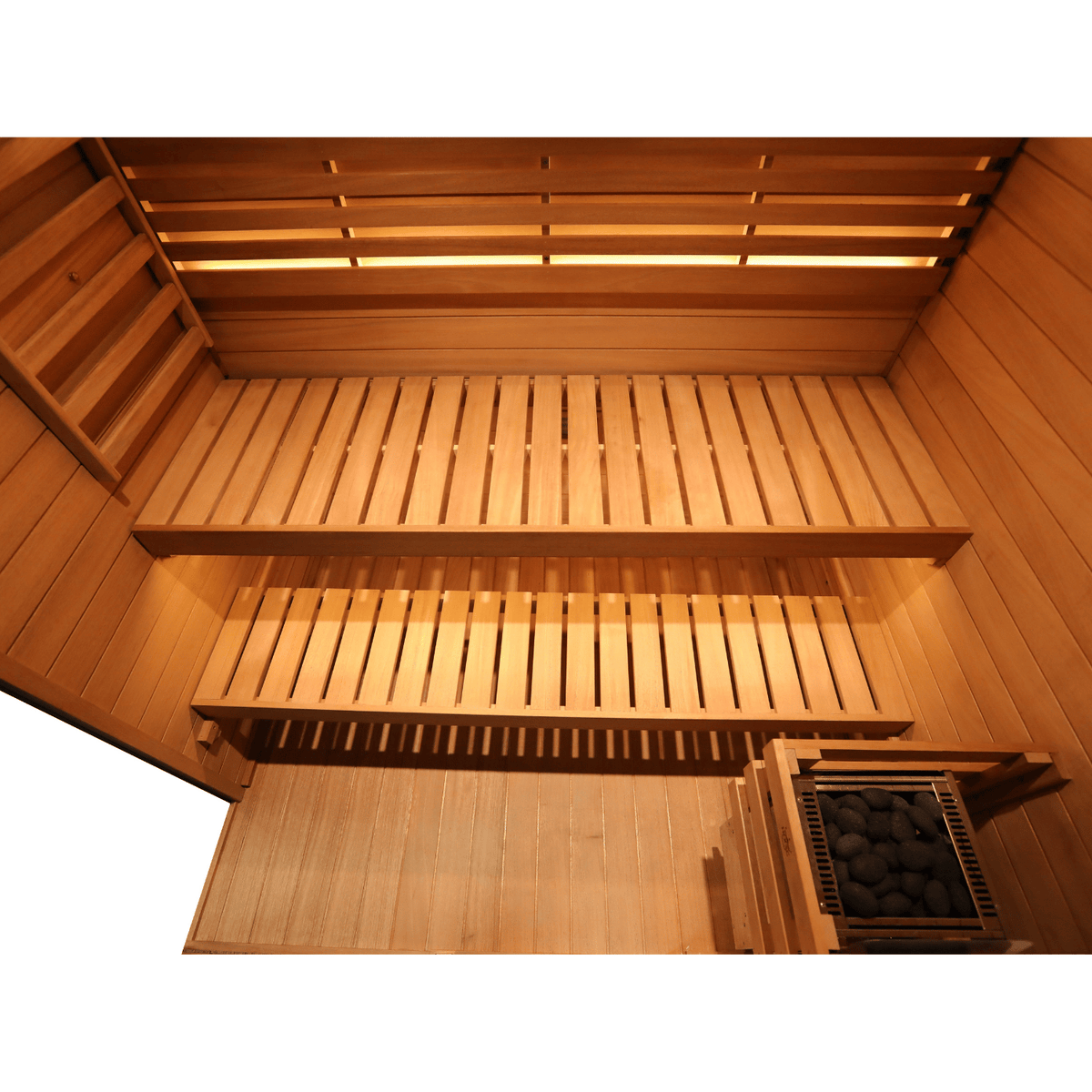 HKXSC 703SH indoor Canadian Hemlock sauna interior with tiered bench seating for 3 persons