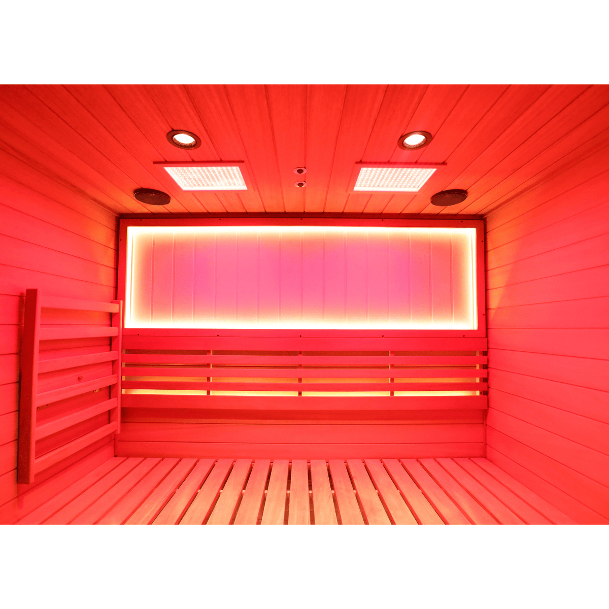 HKXSC 703SH 3-person indoor sauna interior with 660nm red light creating a warm wellness ambiance