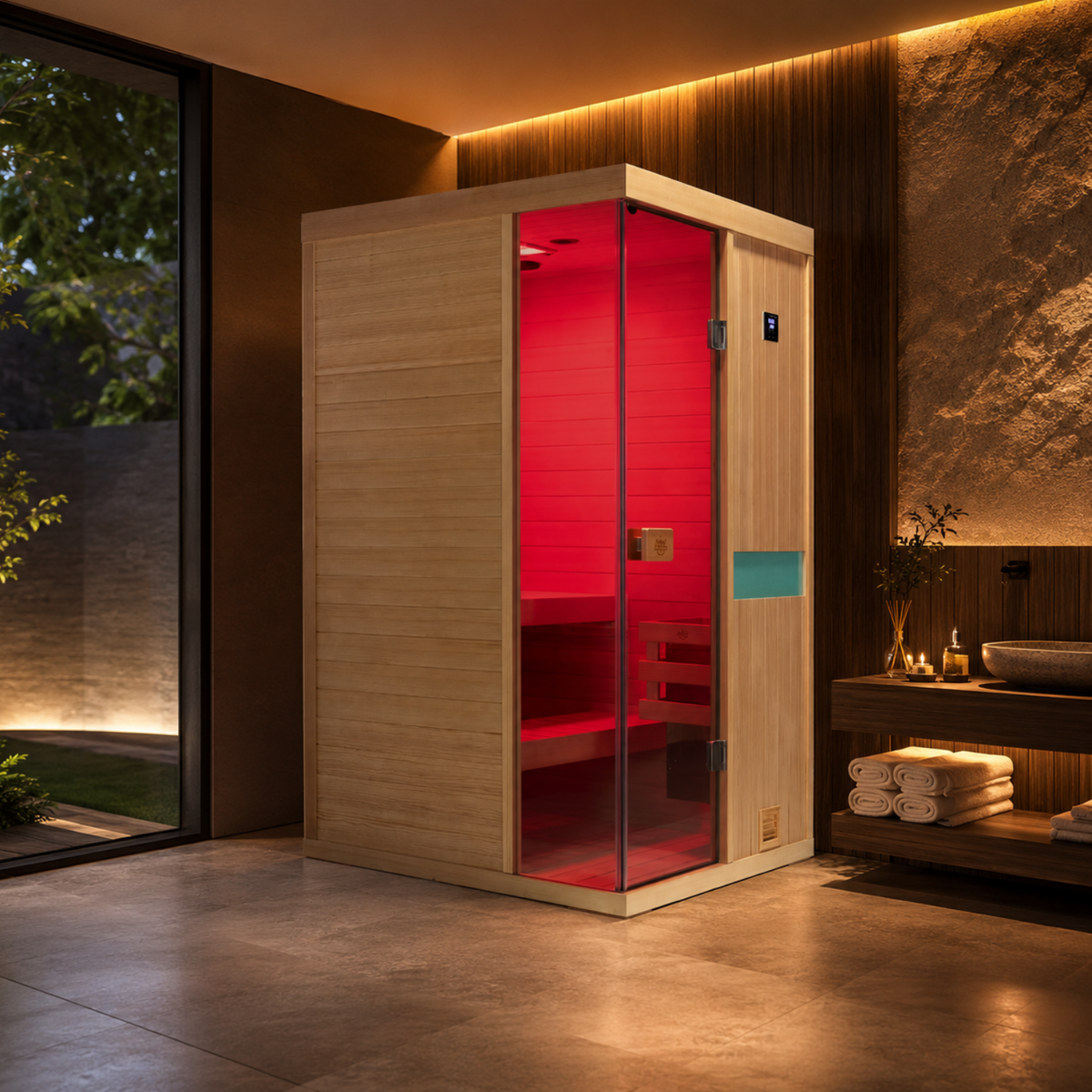 HKXSC 702SH Indoor Steam Sauna interior with negative ion panel and red light therapy