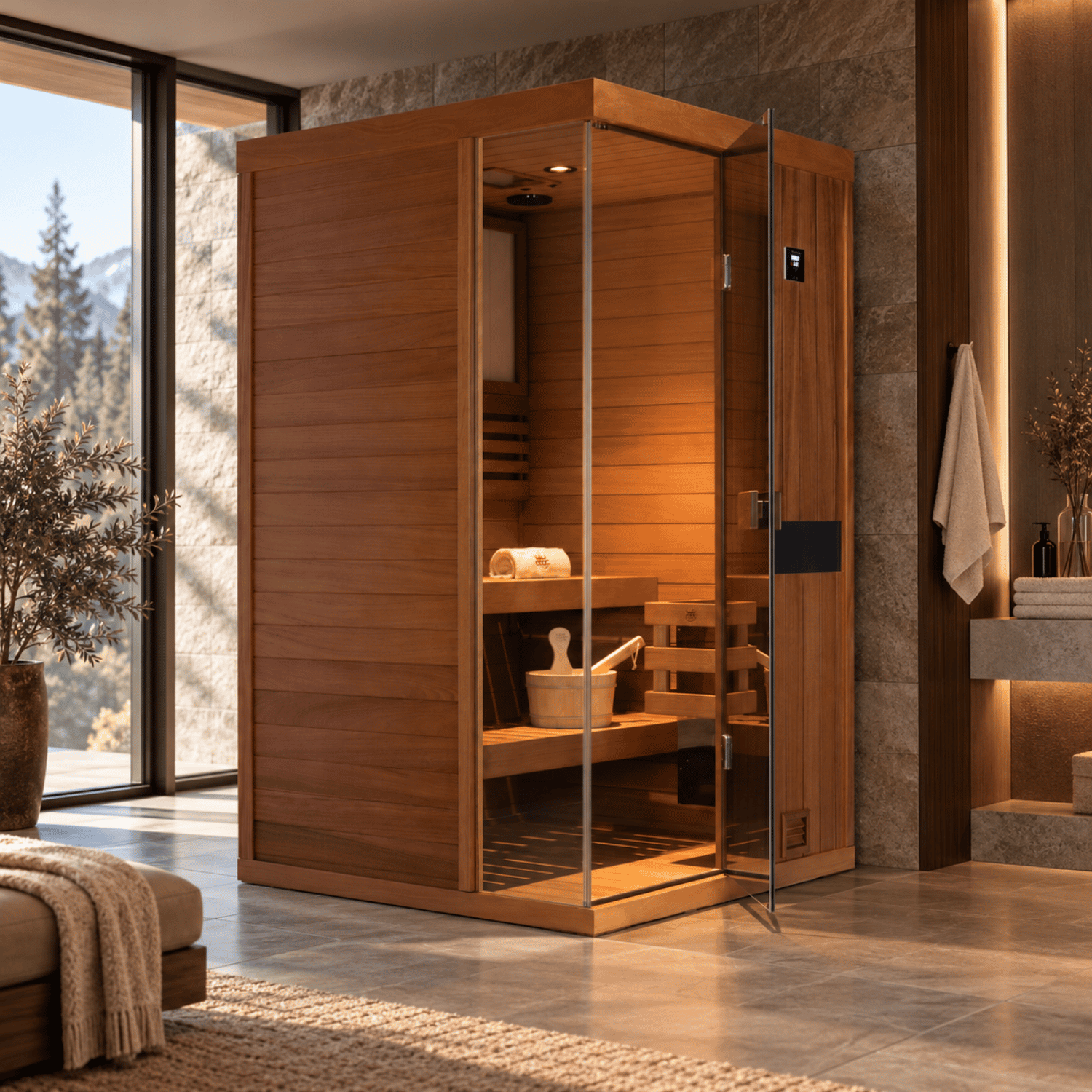 HKXSC 702ST 2-person indoor steam sauna in African Mahogany for home relaxation