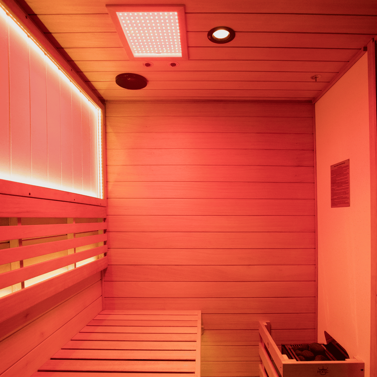 HKXSC 702ST indoor mahogany sauna with 660nm red light therapy for skin and recovery
