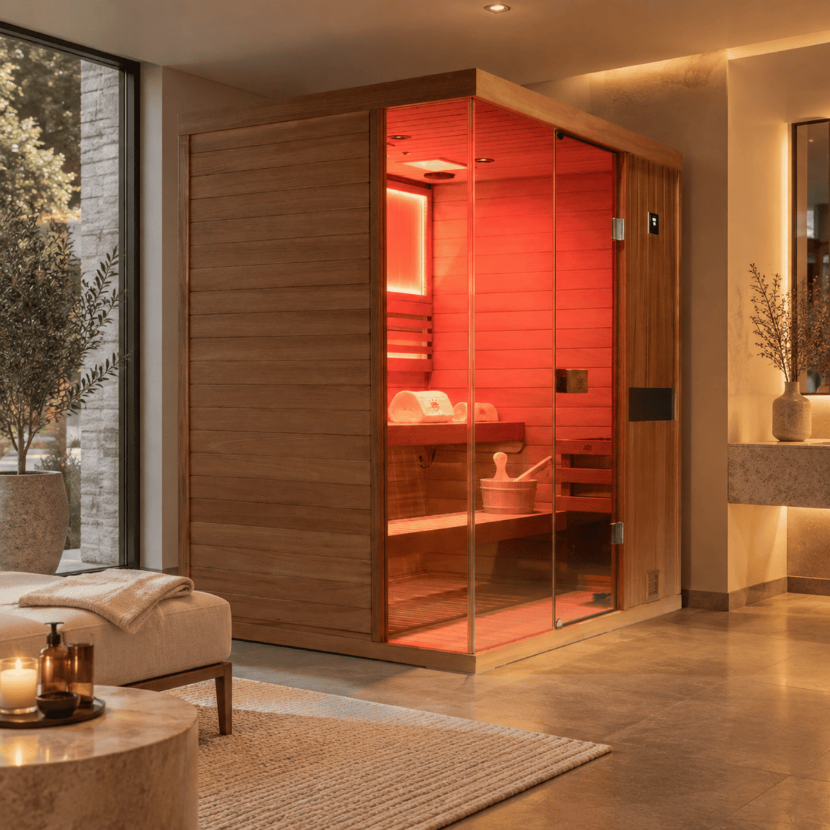 HKXSC 703ST 3-person indoor African Mahogany steam sauna in home spa environment
