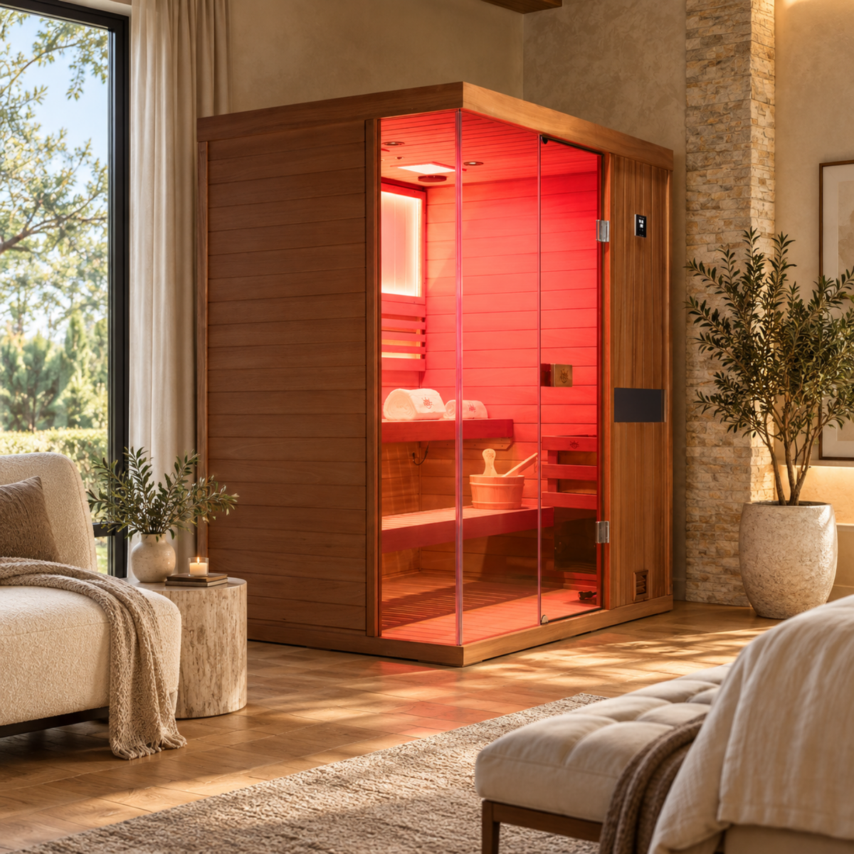 HKXSC 703ST 3-person indoor African Mahogany steam sauna in home spa environment