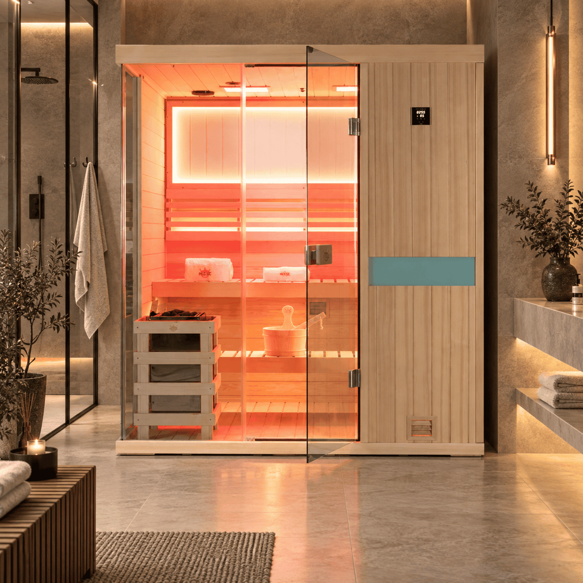 HKXSC 704SH 4-person indoor Canadian Hemlock steam sauna in home wellness setting