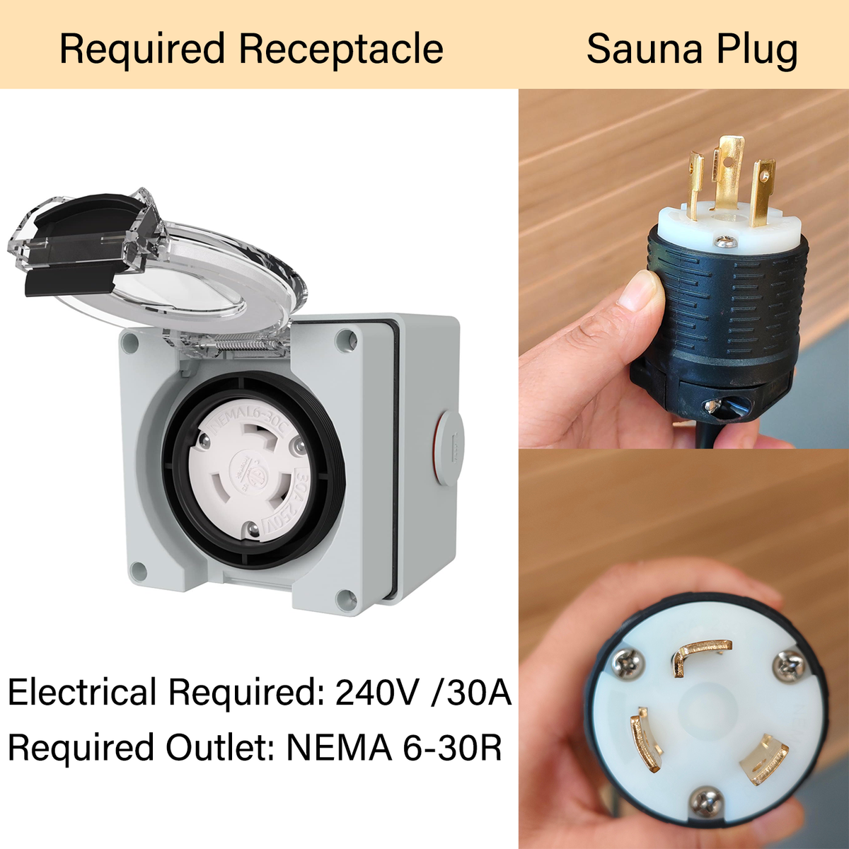HKXSC sauna 30A NEMA 14-30 plug and outlet specification required for steam sauna installation