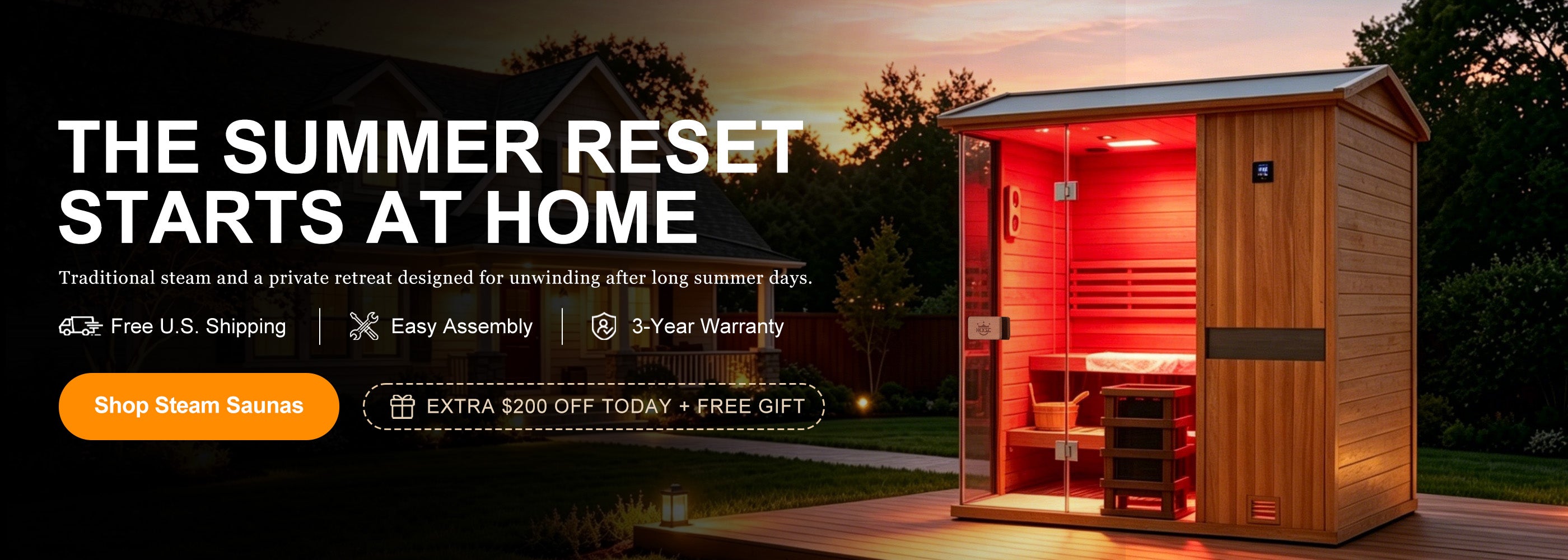 Independence Day limited-time offer banner for the HKXSC 704VT outdoor steam sauna — celebrate with exclusive summer savings on premium wellness