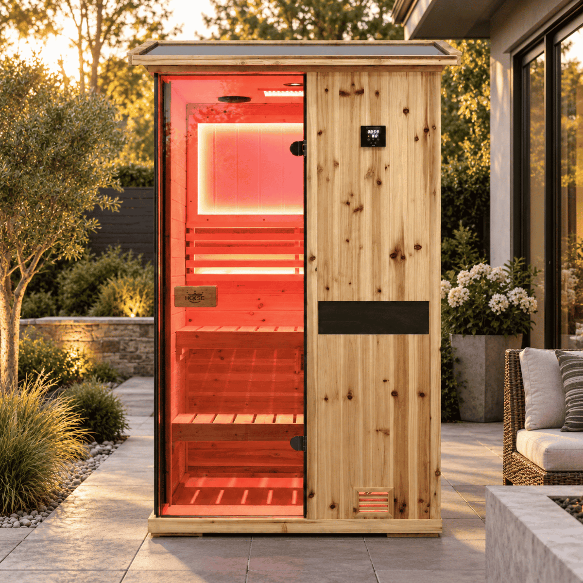 HKXSC 701VS 1-person outdoor US Fir Wood steam sauna with V-roof and negative ion purification