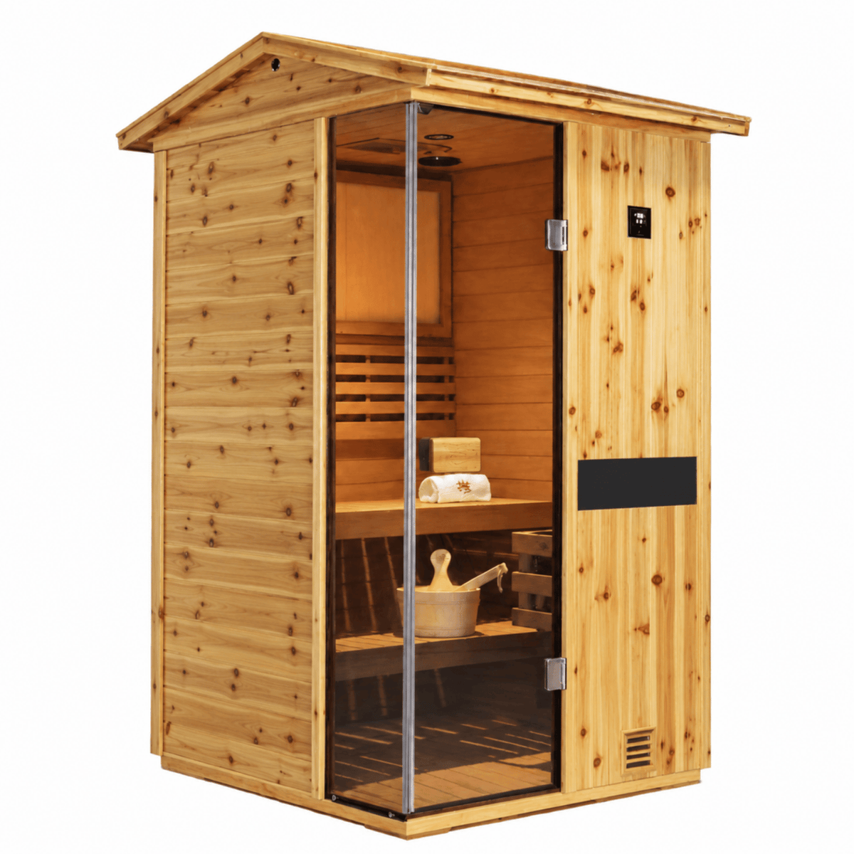 HKXSC 702VS 2-person outdoor US Fir Wood steam sauna with V-roof and negative ion panel