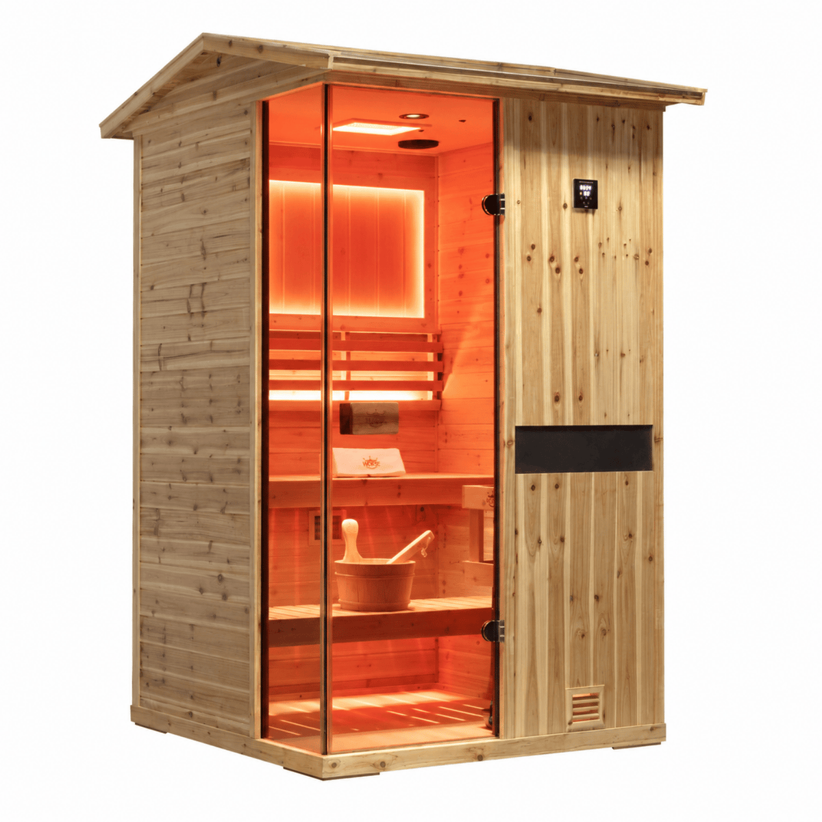 HKXSC 702VS Solid 2-person outdoor US Fir Wood sauna with 660nm red light and V-roof design