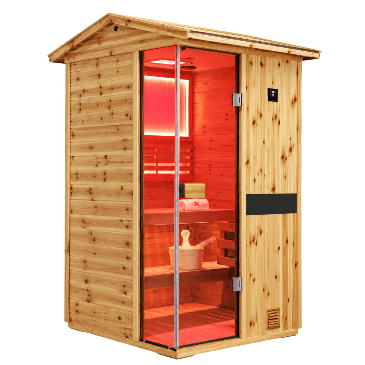HKXSC 702VS Solid 2-person outdoor US Fir Wood sauna with 660nm red light and V-roof design
