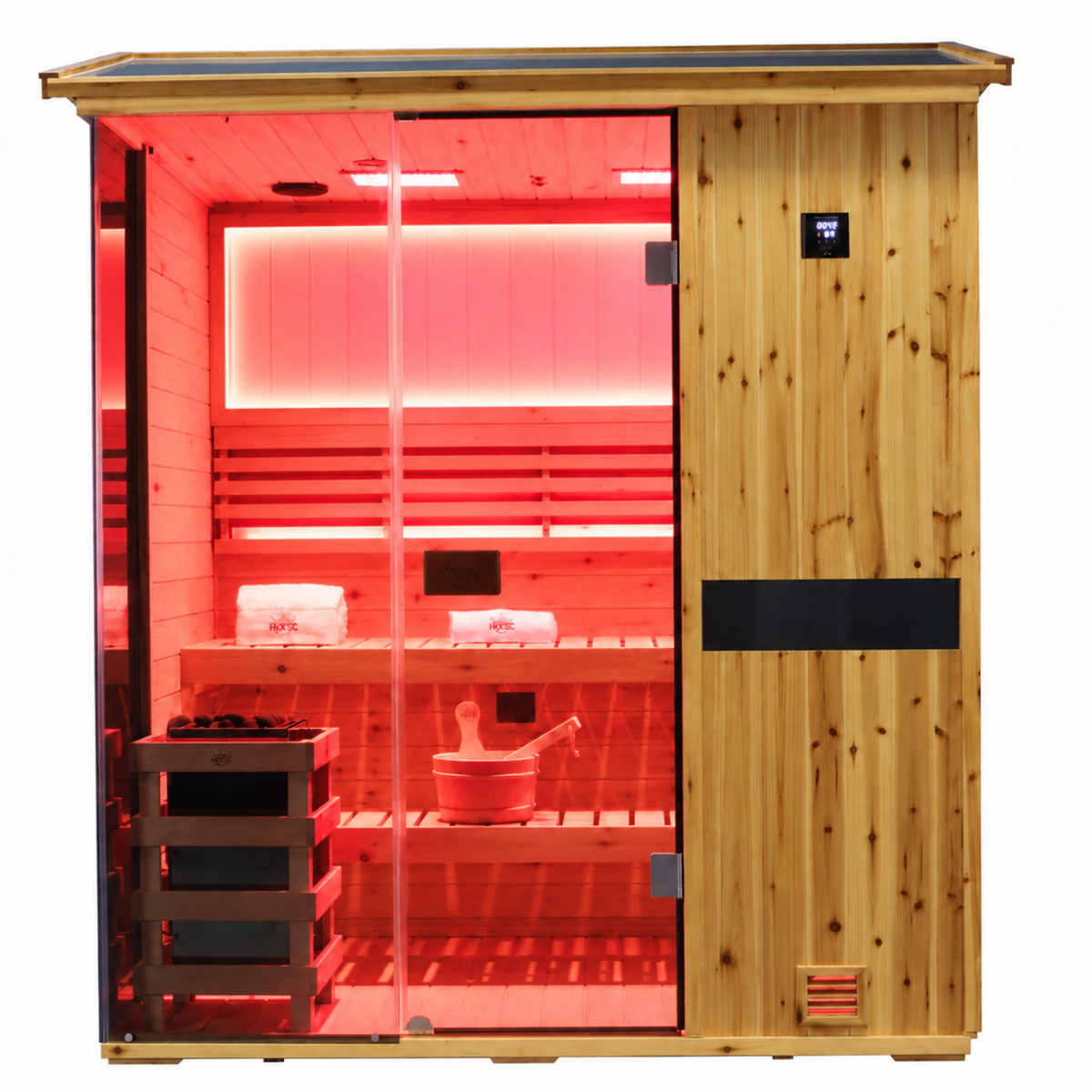 HKXSC 704VS Solid 4-person outdoor US Fir Wood sauna with V-roof and 660nm red light therapy