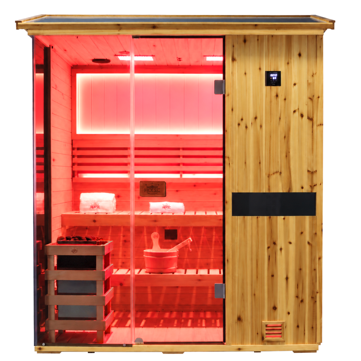 HKXSC 704VS Solid 4-person outdoor US Fir Wood sauna with V-roof and 660nm red light therapy