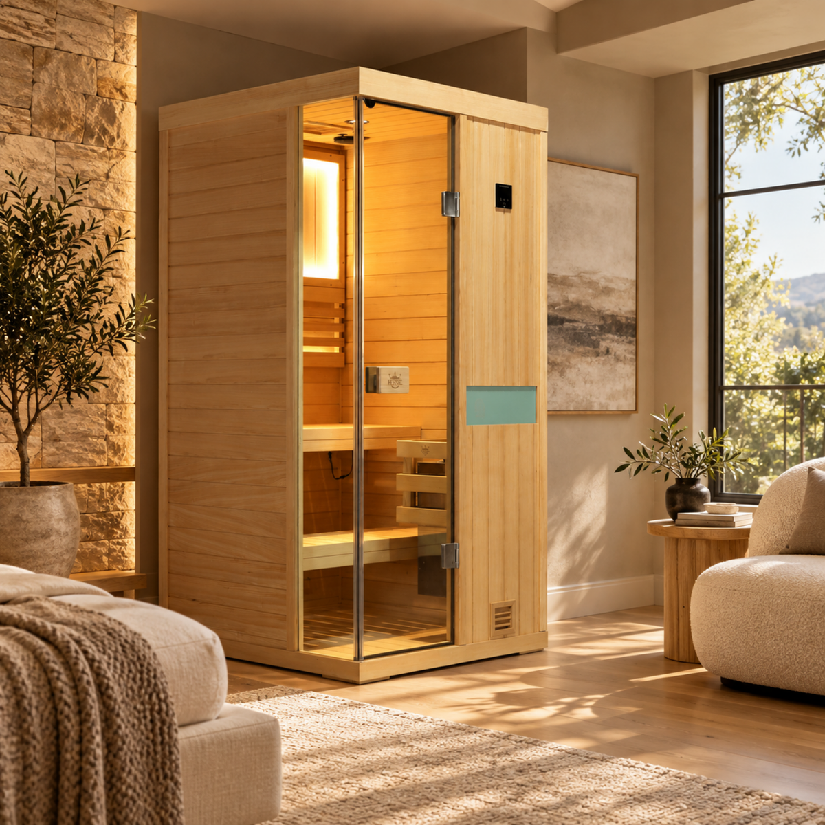 HKXSC 701SH 1-Person indoor sauna made from hemlock wood, designed for a home sauna space
