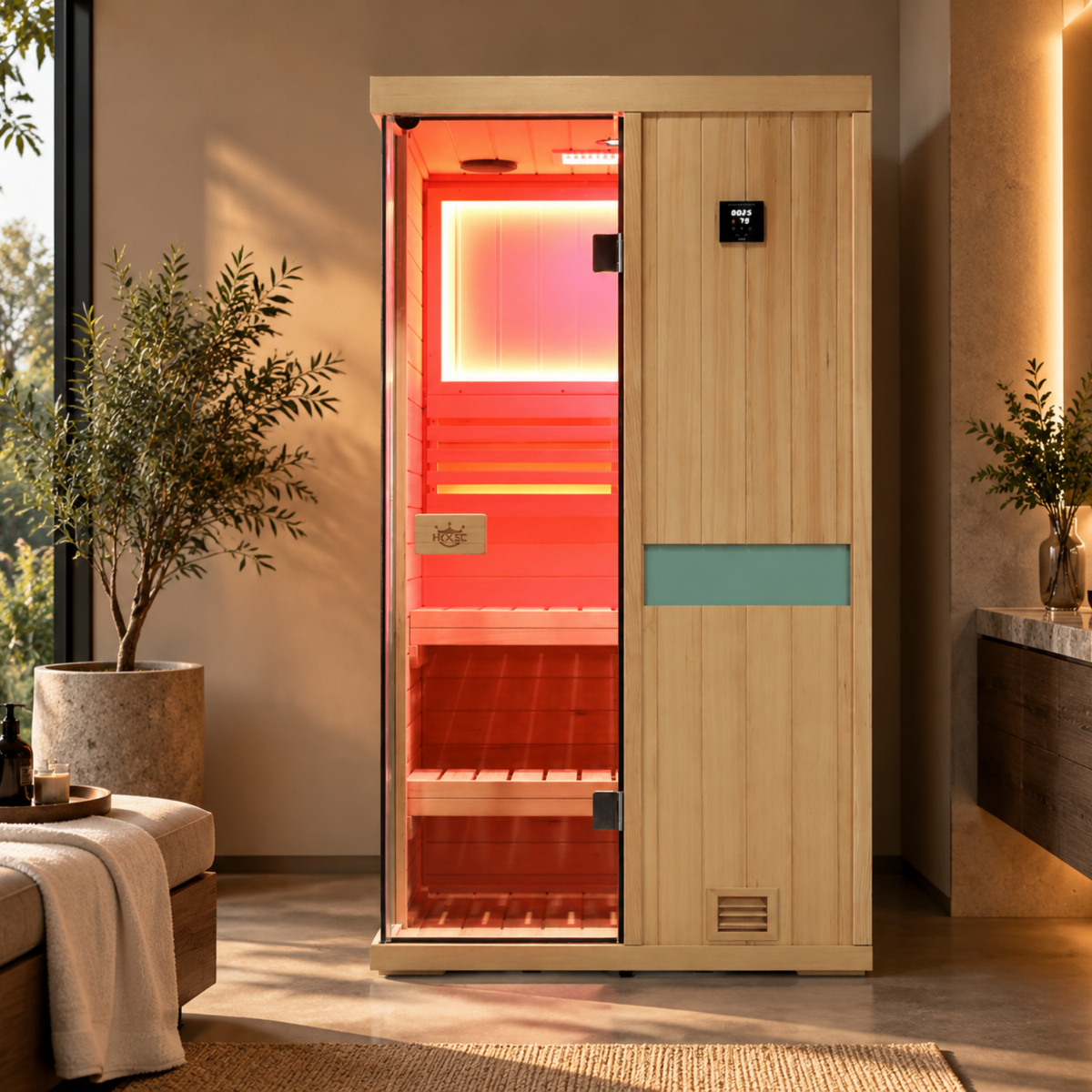 HKXSC 701SH 1-Person indoor hemlock sauna featuring 660nm red lights and negative-ion panels for a home sauna setup