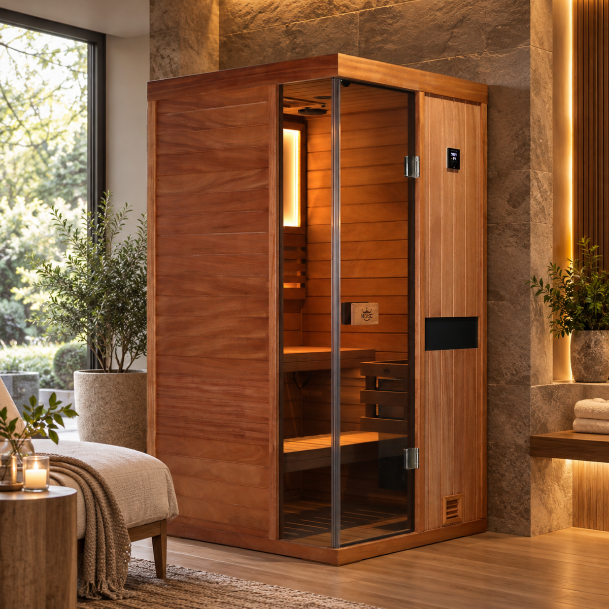 HKXSC 701ST 1-Person indoor sauna crafted from African mahogany, designed for a home sauna space